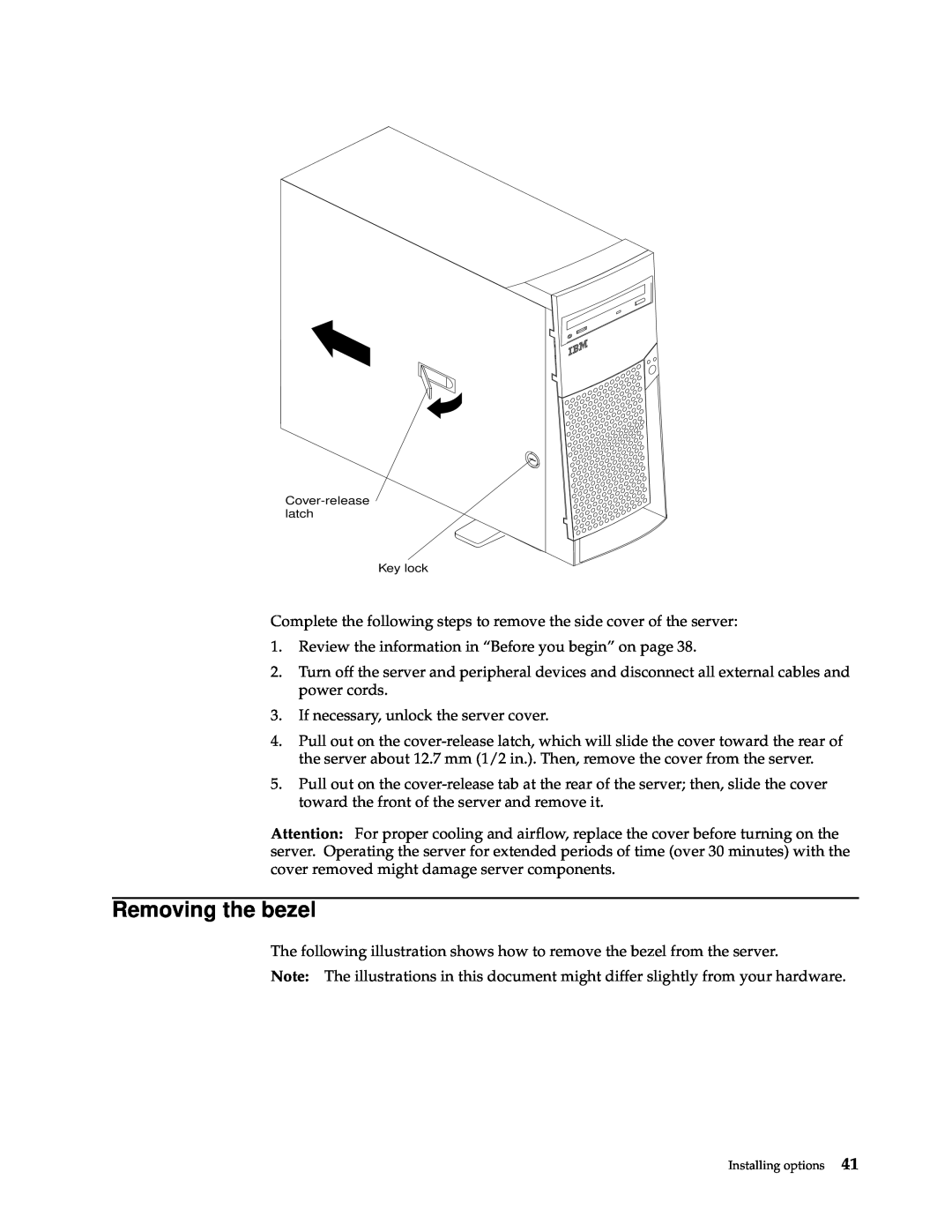 IBM x Series 200 manual Removing the bezel, Cover-release latch Key lock 