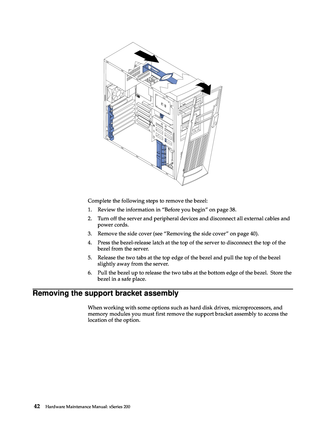 IBM x Series 200 manual Removing the support bracket assembly, Hardware Maintenance Manual xSeries 