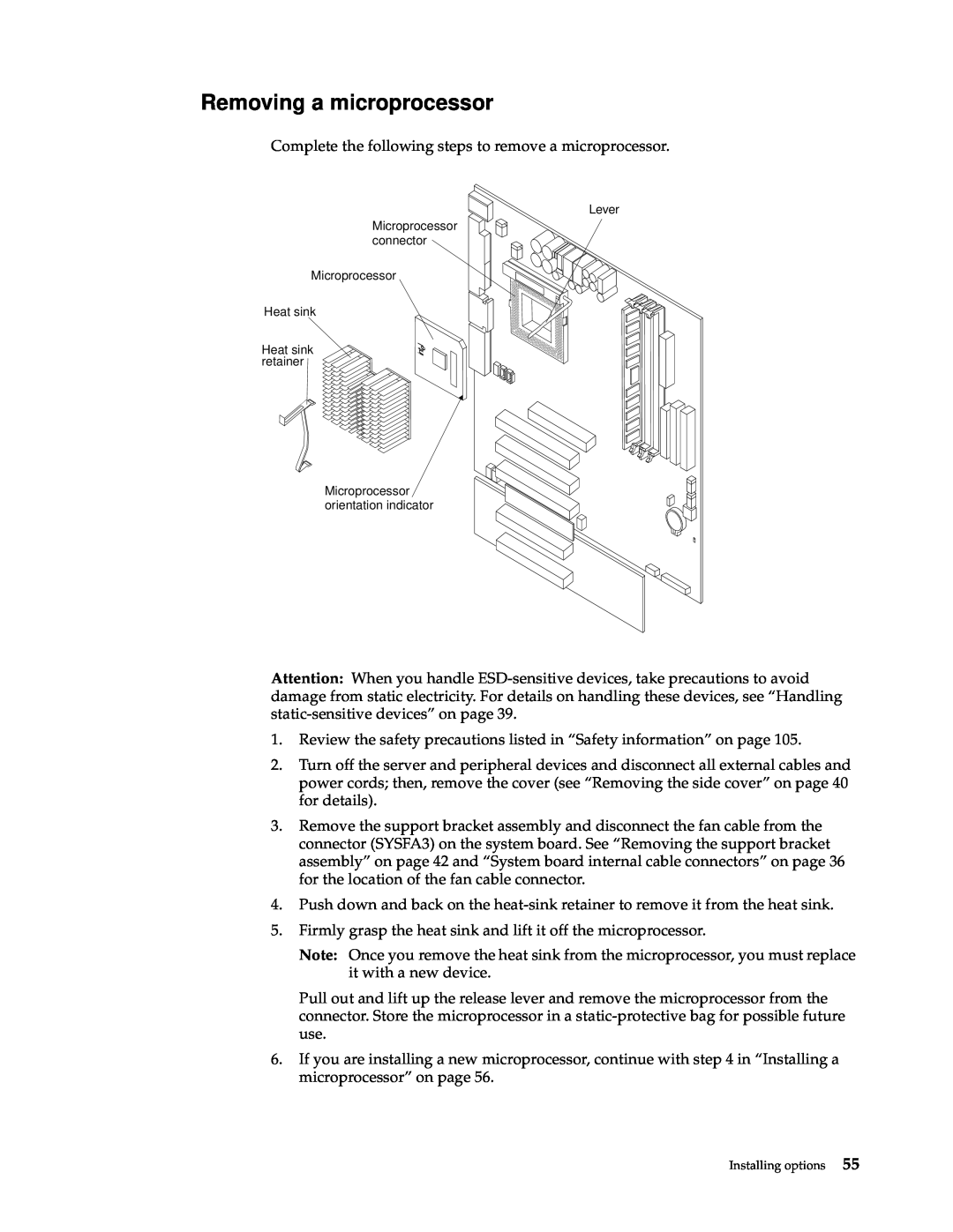 IBM x Series 200 manual Removing a microprocessor, Lever Microprocessor connector Microprocessor Heat sink 