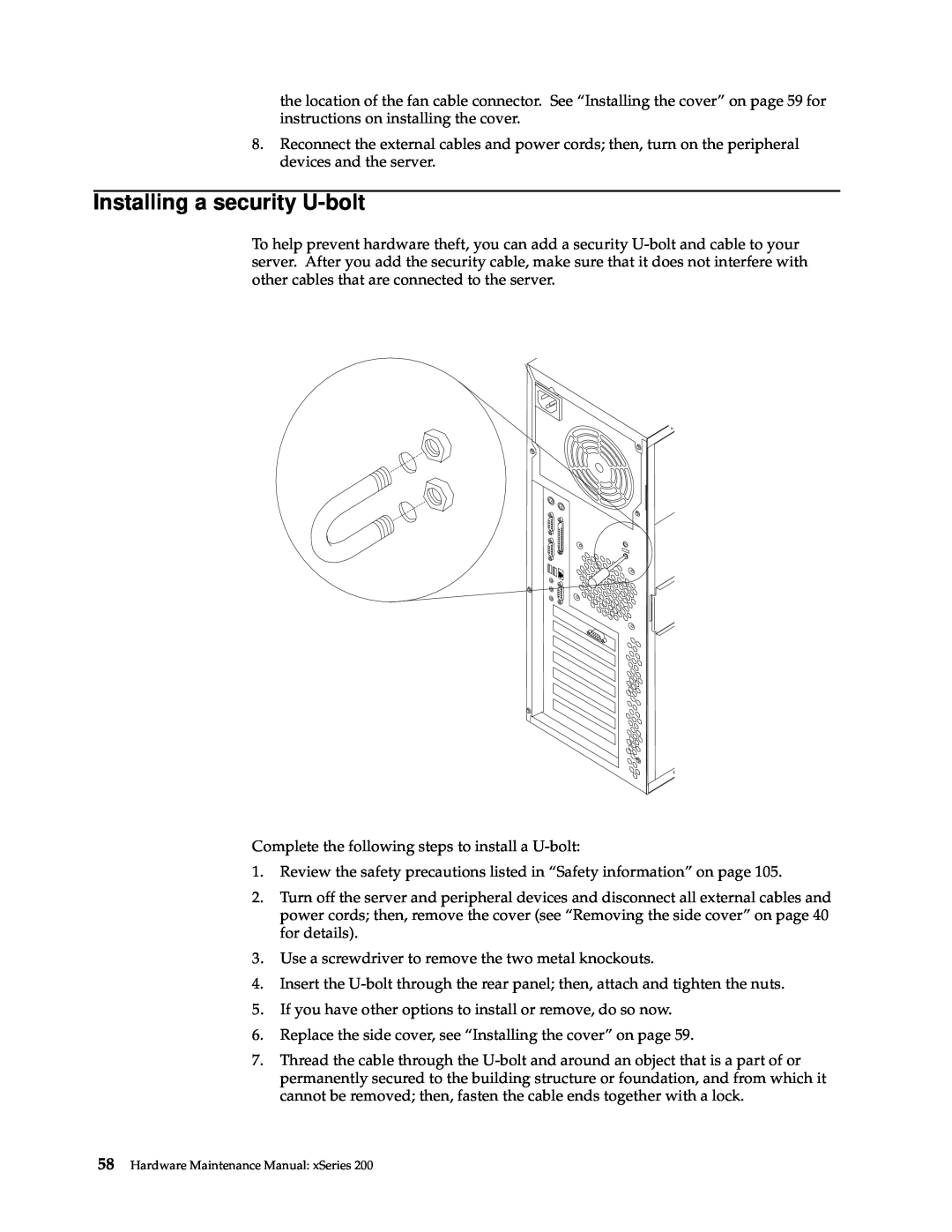 IBM x Series 200 manual Installing a security U-bolt, Hardware Maintenance Manual xSeries 