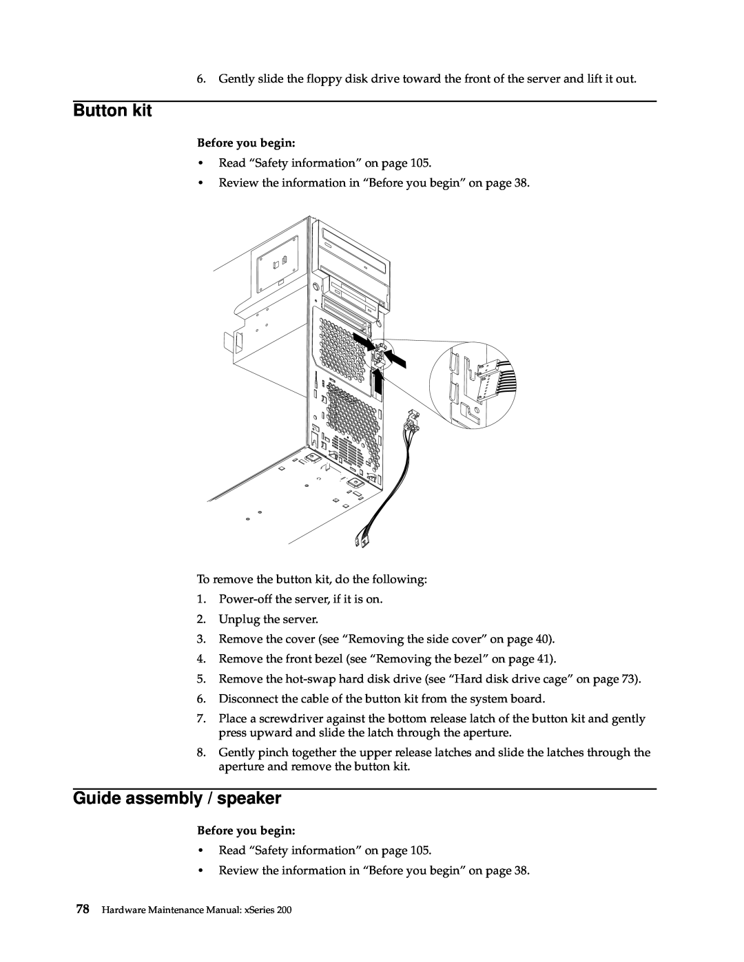IBM x Series 200 manual Button kit, Guide assembly / speaker, Hardware Maintenance Manual xSeries 
