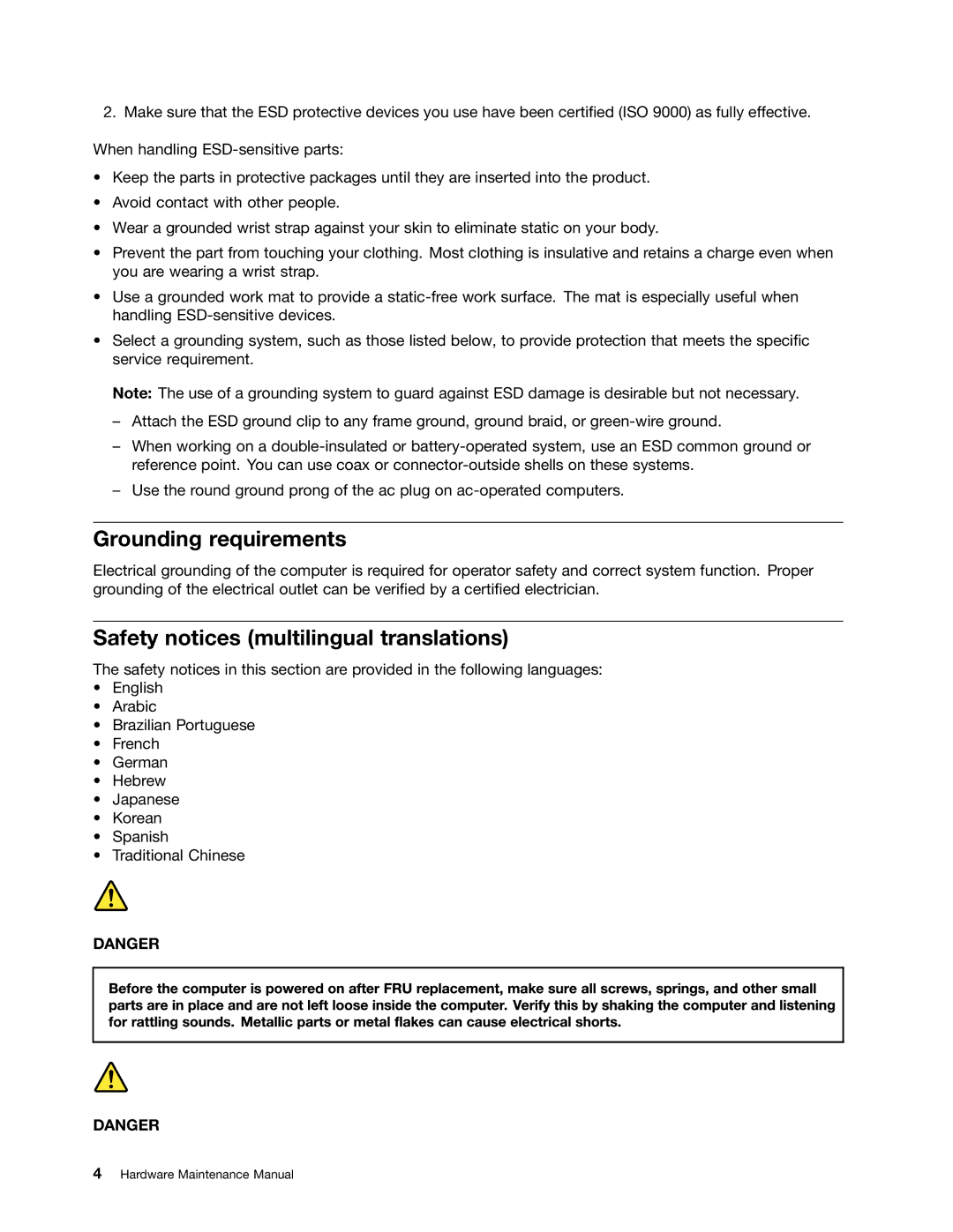 IBM X121E manual Grounding requirements, Safety notices multilingual translations 