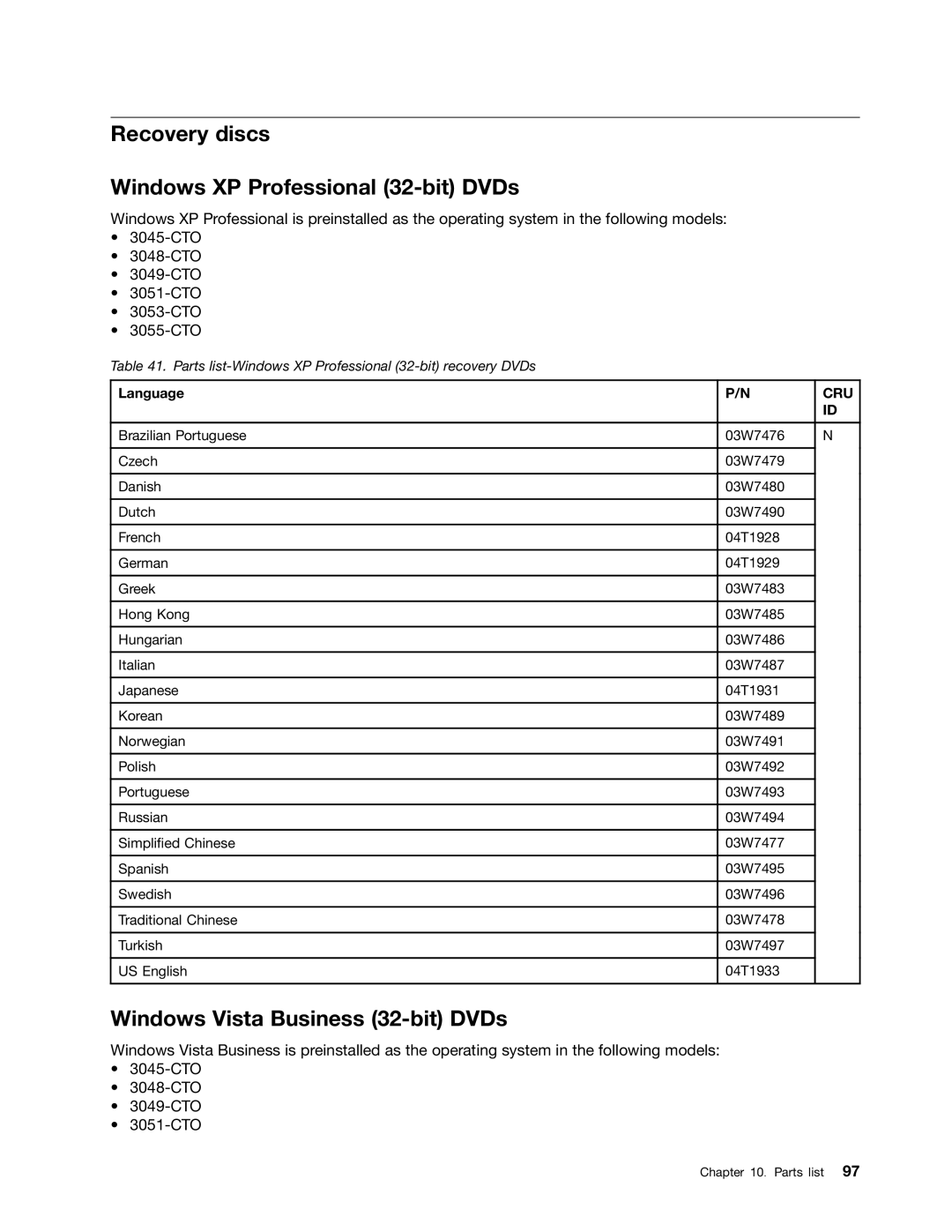 IBM X121E manual Recovery discs Windows XP Professional 32-bit DVDs, Windows Vista Business 32-bit DVDs, Language 