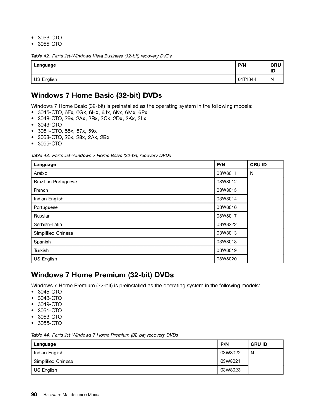 IBM X121E manual Windows 7 Home Basic 32-bit DVDs, Windows 7 Home Premium 32-bit DVDs 