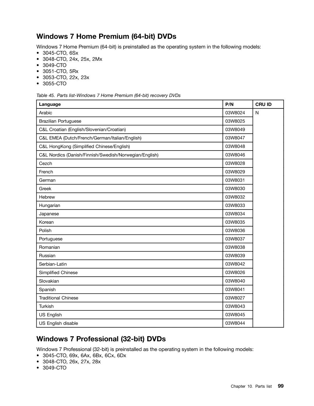 IBM X121E manual Windows 7 Home Premium 64-bit DVDs, Windows 7 Professional 32-bit DVDs 