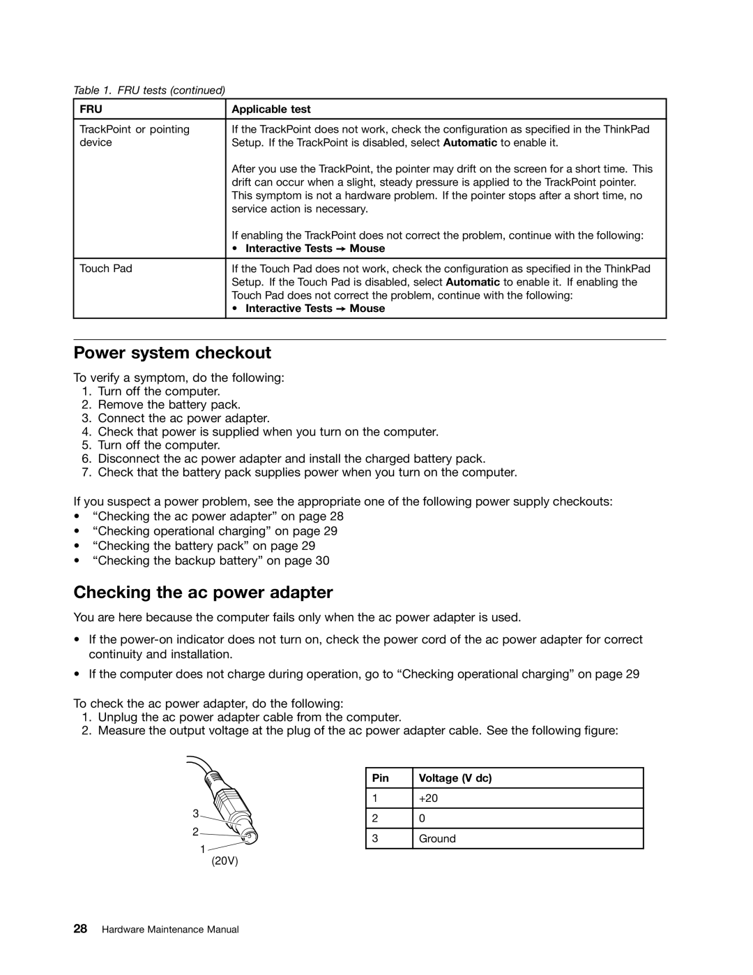 IBM X121E manual Power system checkout, Checking the ac power adapter, Interactive Tests Mouse, Pin Voltage V dc 