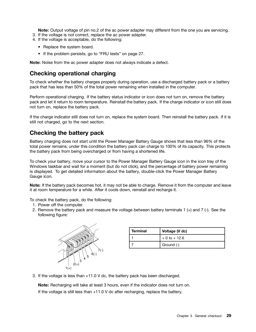 IBM X121E manual Checking operational charging, Checking the battery pack, Terminal Voltage V dc 