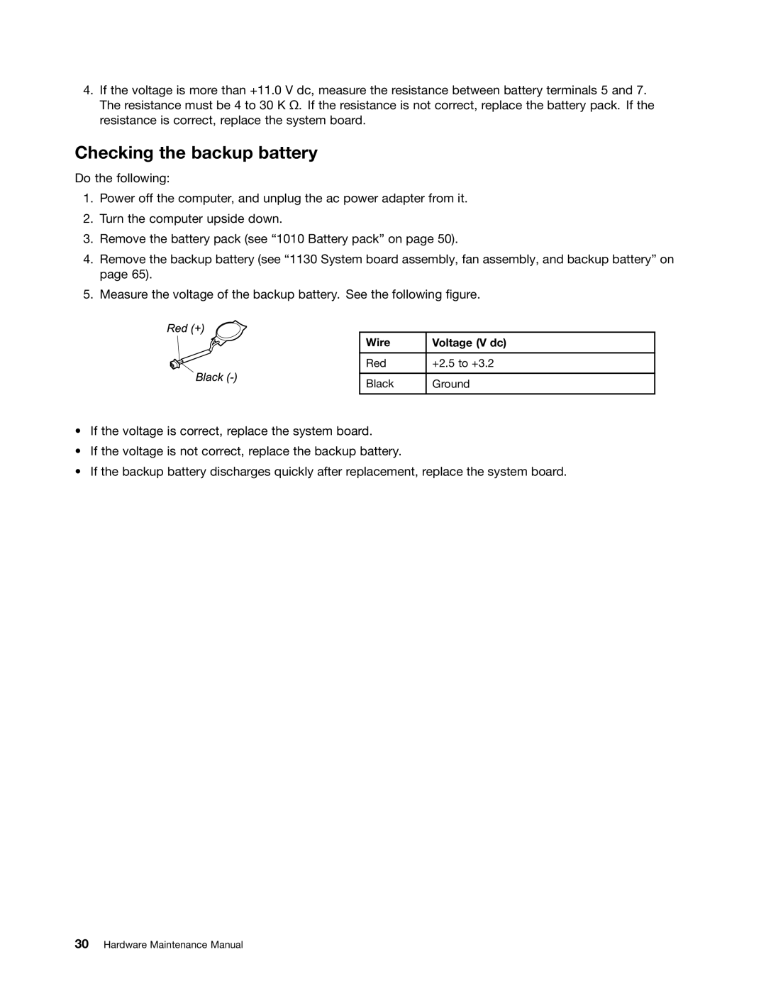 IBM X121E manual Checking the backup battery, Wire Voltage V dc 