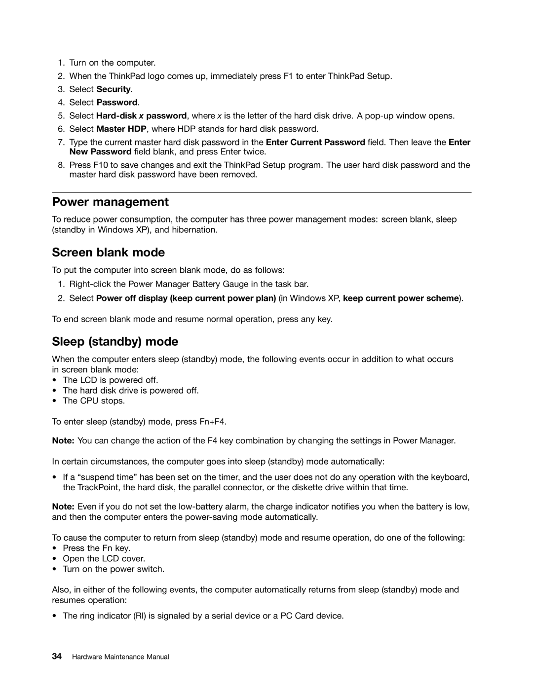 IBM X121E manual Power management, Screen blank mode, Sleep standby mode 