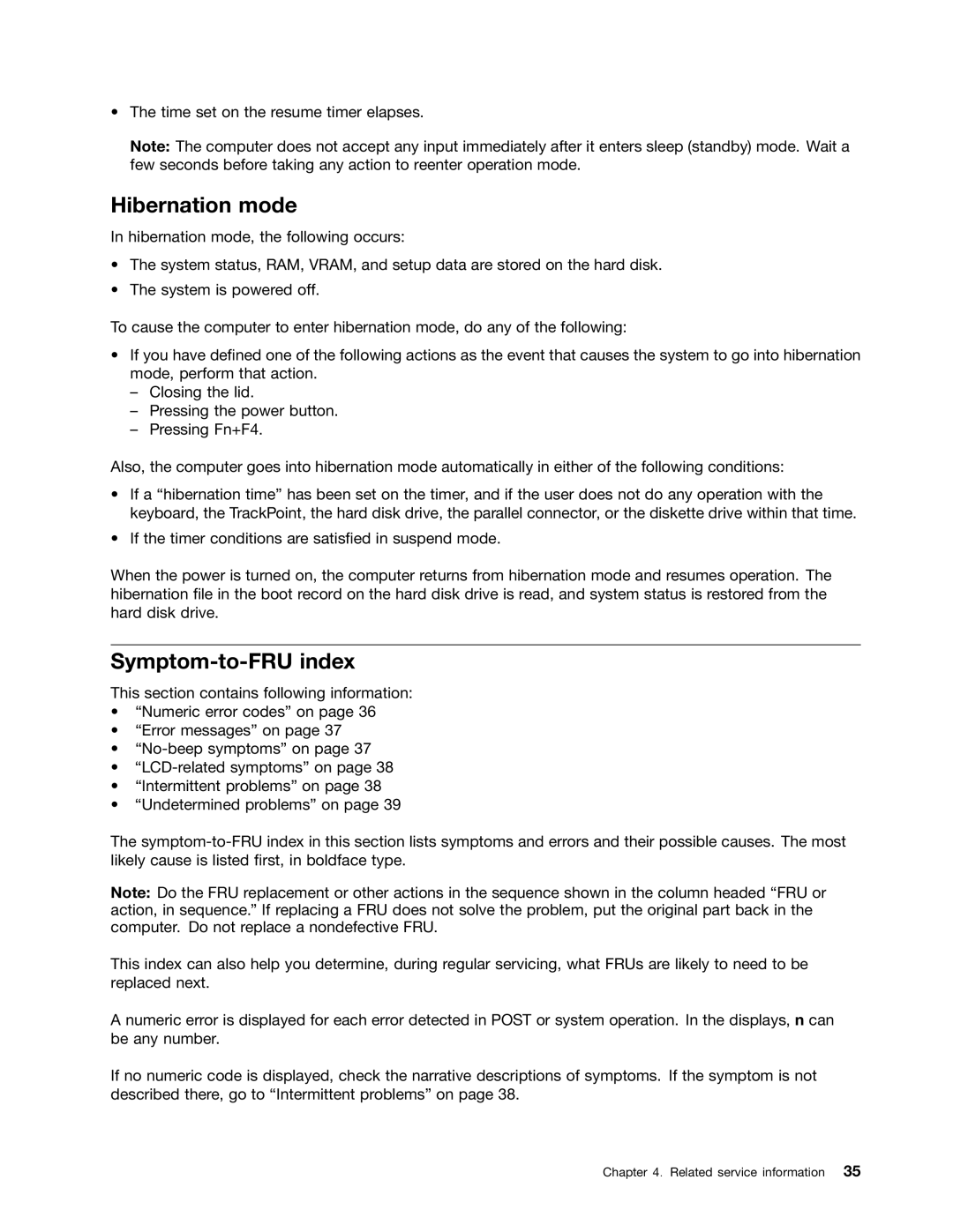 IBM X121E manual Hibernation mode, Symptom-to-FRU index 