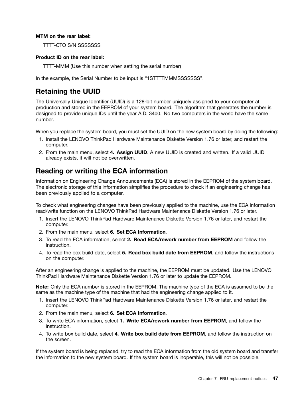 IBM X121E Retaining the Uuid, Reading or writing the ECA information, MTM on the rear label, Product ID on the rear label 
