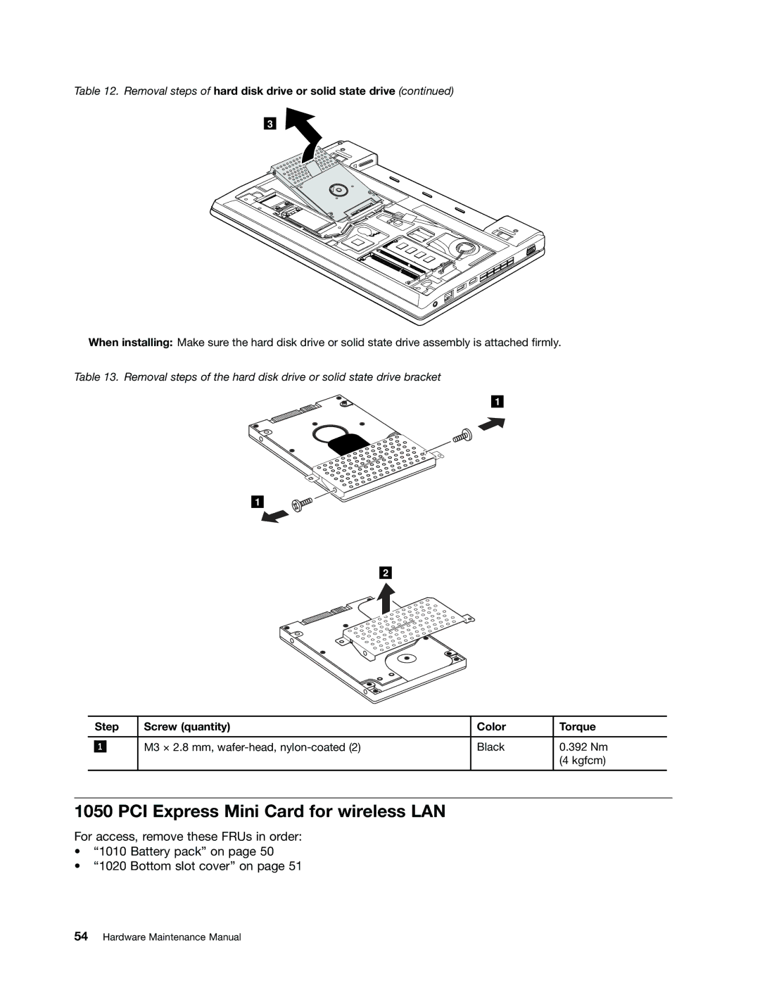 IBM X121E manual PCI Express Mini Card for wireless LAN, Step Screw quantity Color Torque 