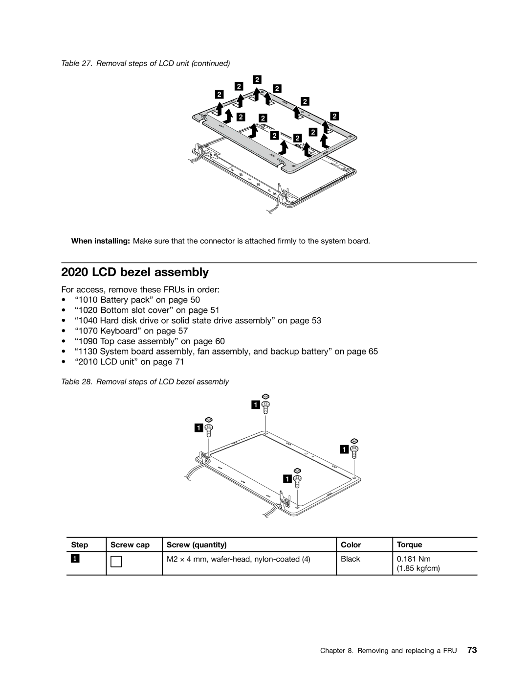 IBM X121E manual LCD bezel assembly, Step Screw cap Screw quantity Color Torque 