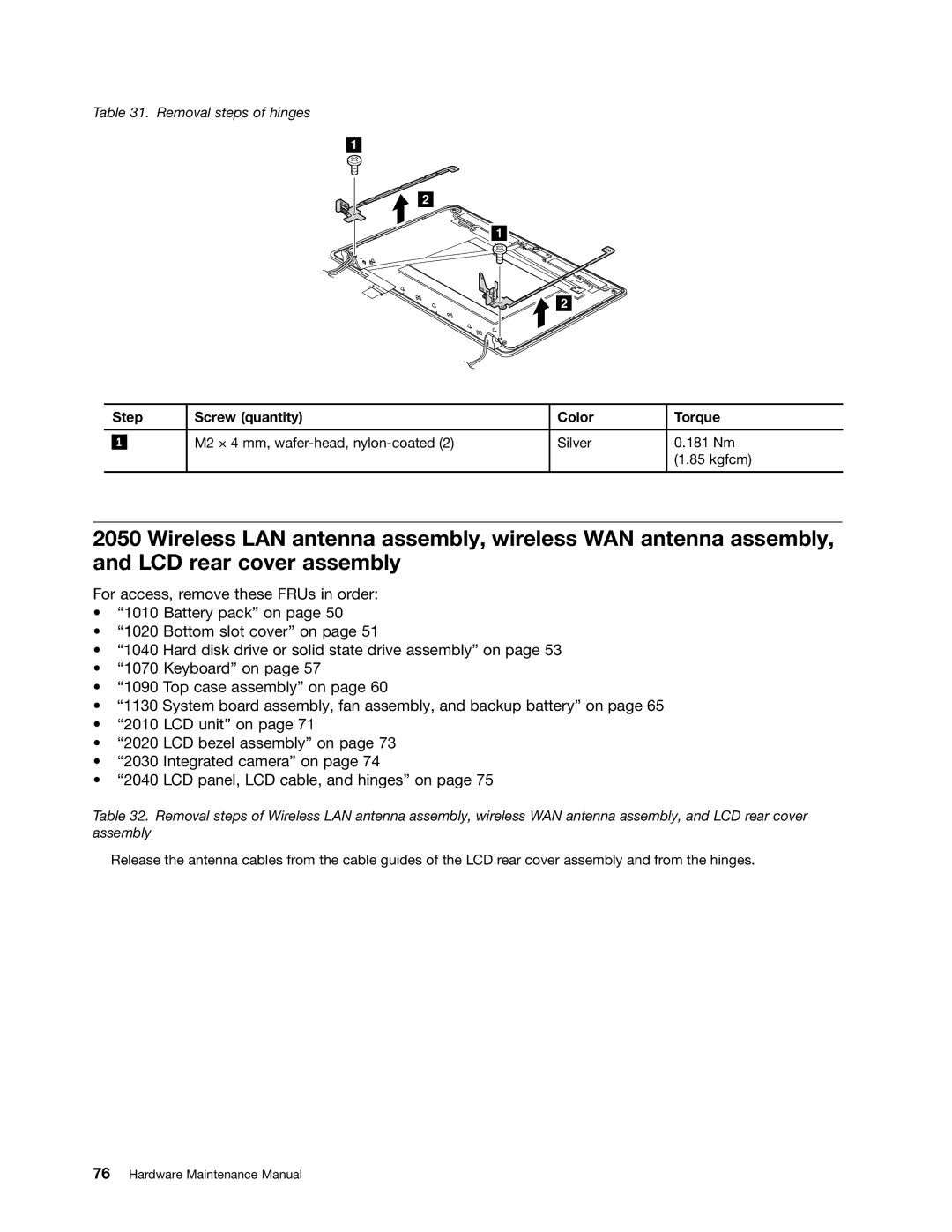 IBM X121E manual Removal steps of hinges 