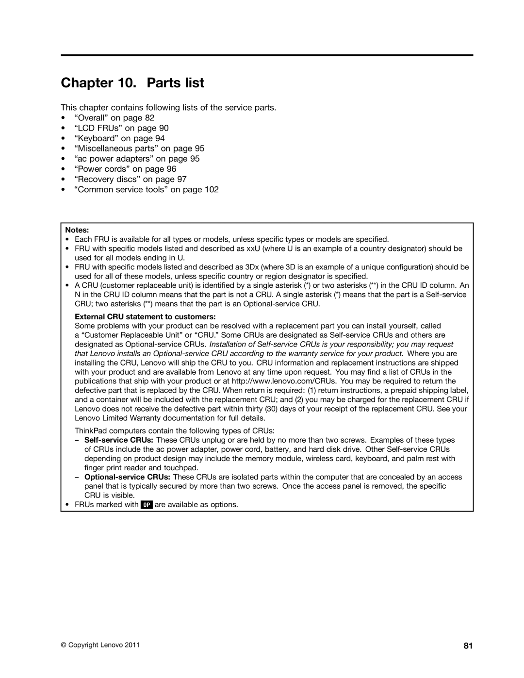 IBM X121E manual Parts list, External CRU statement to customers 