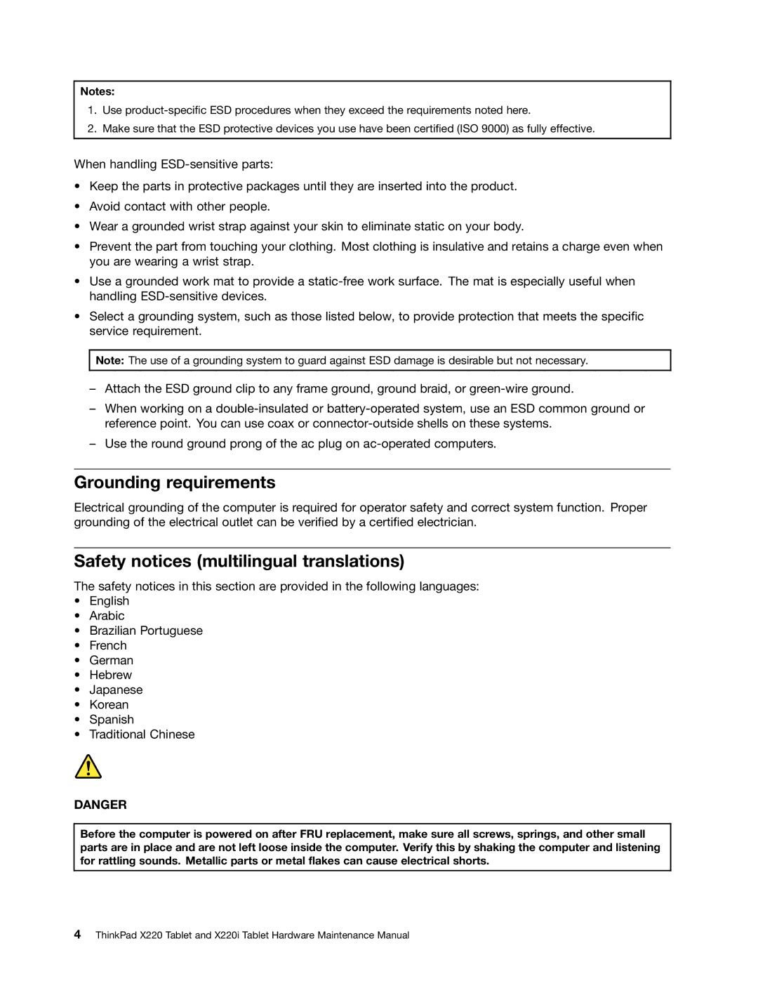 IBM X220I manual Grounding requirements, Safety notices multilingual translations 