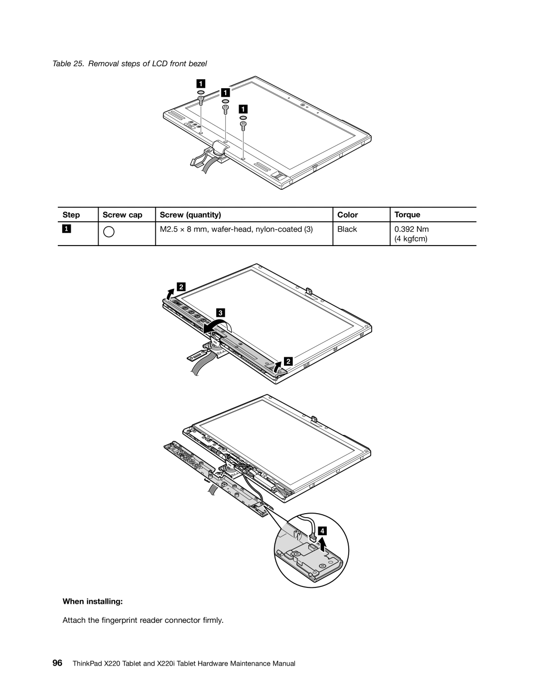 IBM X220I manual Step Screw cap Screw quantity Color Torque 