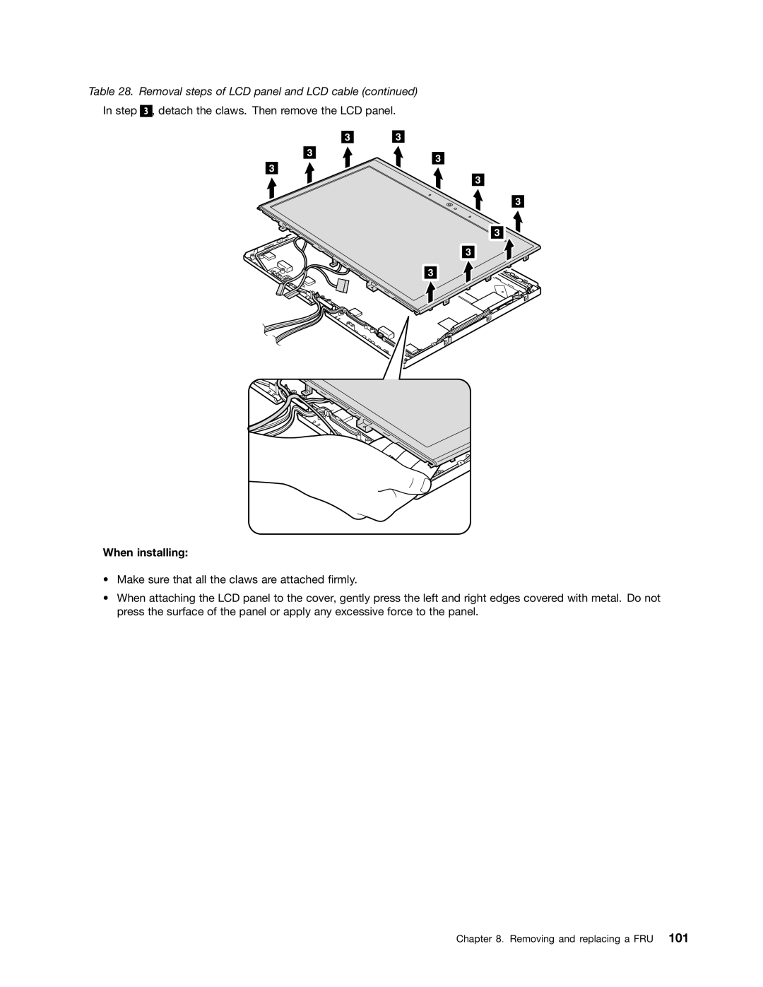 IBM X220I manual Step Detach the claws. Then remove the LCD panel 