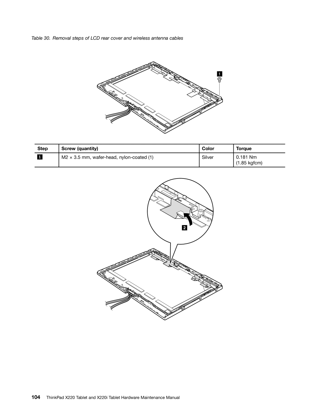 IBM X220I manual Removal steps of LCD rear cover and wireless antenna cables 