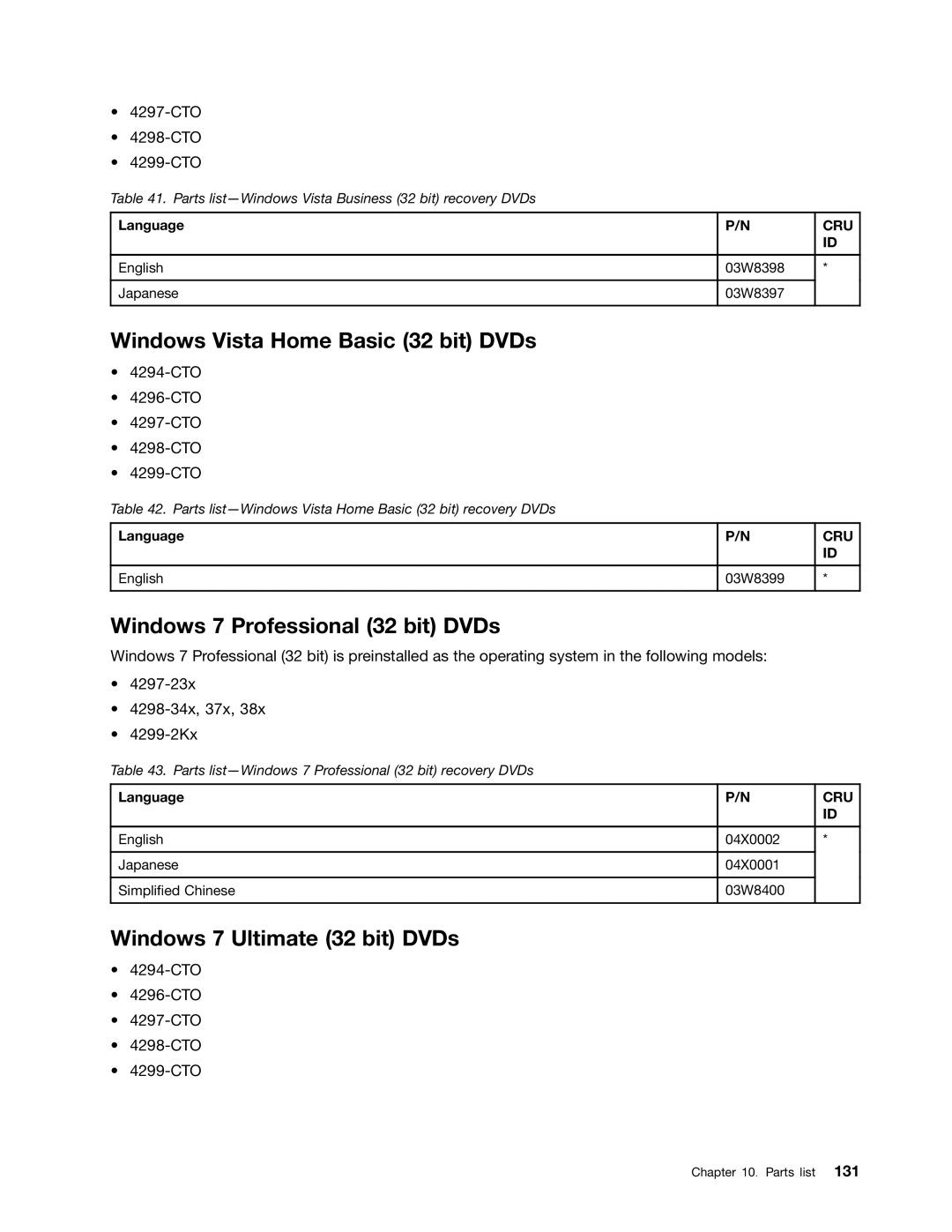 IBM X220I manual Windows Vista Home Basic 32 bit DVDs, Windows 7 Professional 32 bit DVDs, Windows 7 Ultimate 32 bit DVDs 