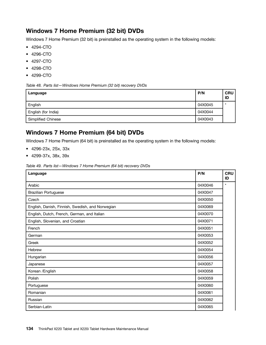 IBM X220I manual Windows 7 Home Premium 32 bit DVDs, Windows 7 Home Premium 64 bit DVDs 