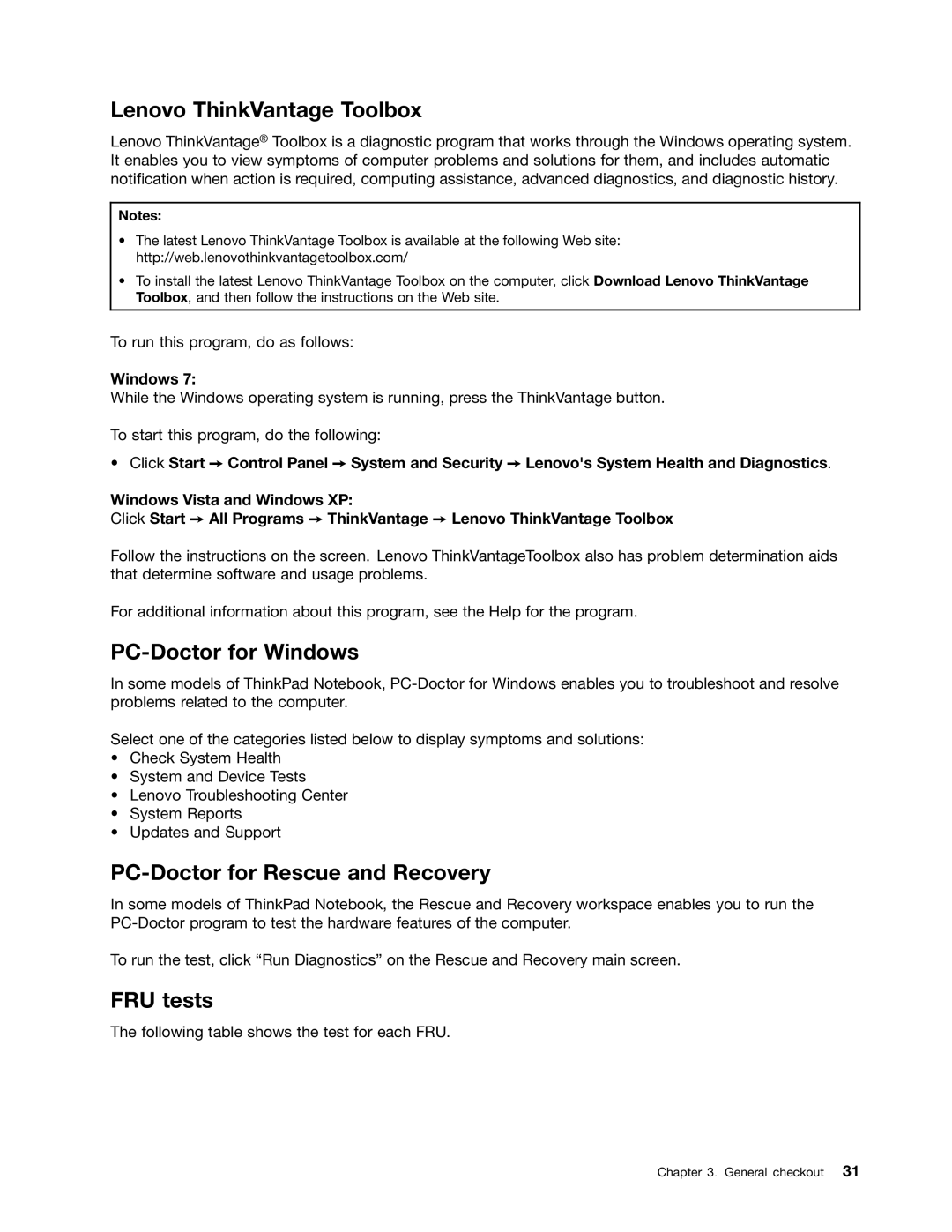 IBM X220I manual Lenovo ThinkVantage Toolbox, PC-Doctor for Windows, PC-Doctor for Rescue and Recovery, FRU tests 