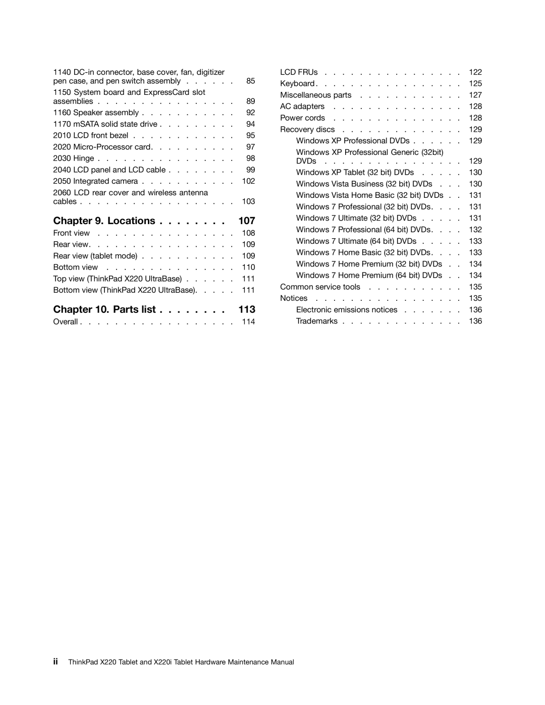 IBM X220I manual Locations 107 