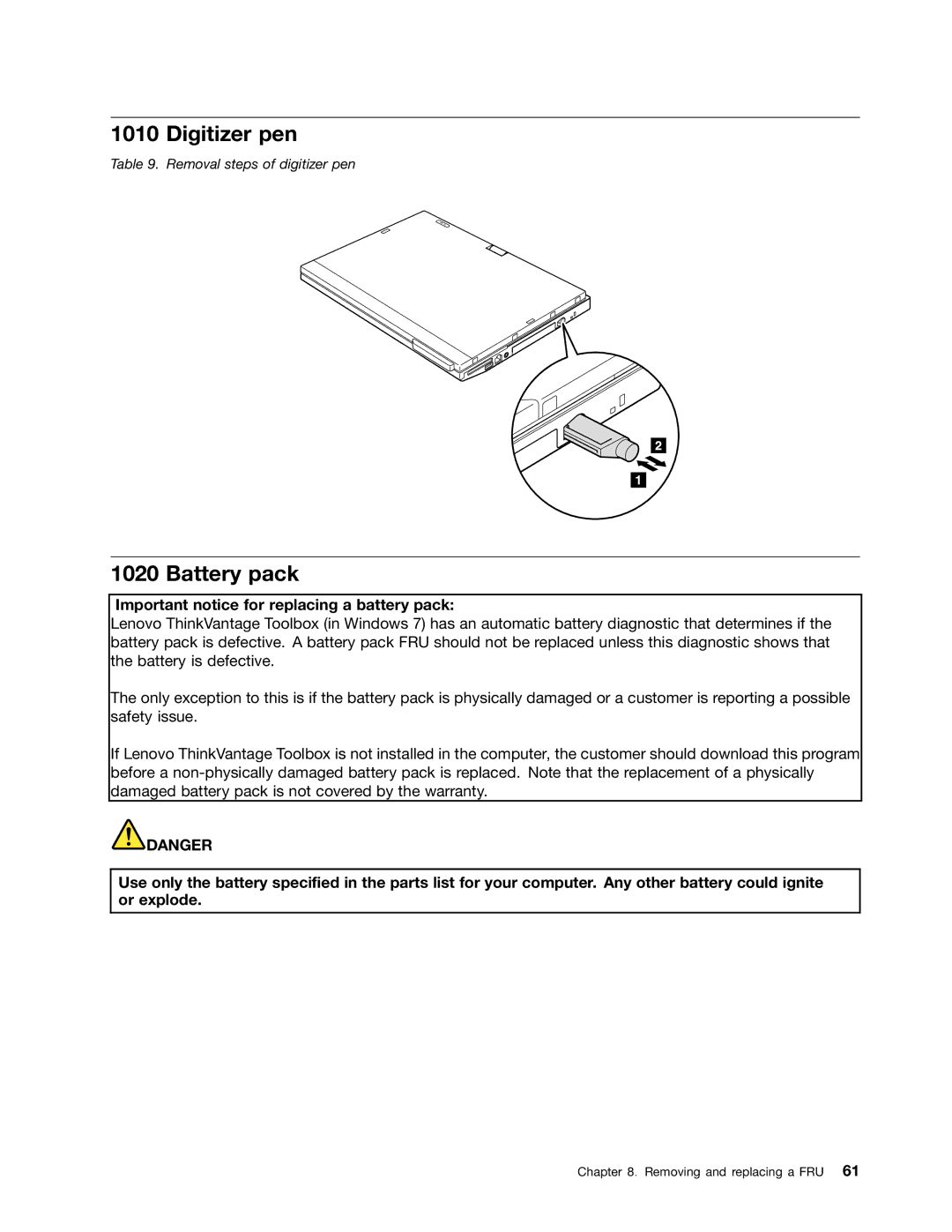 IBM X220I manual Digitizer pen, Battery pack 