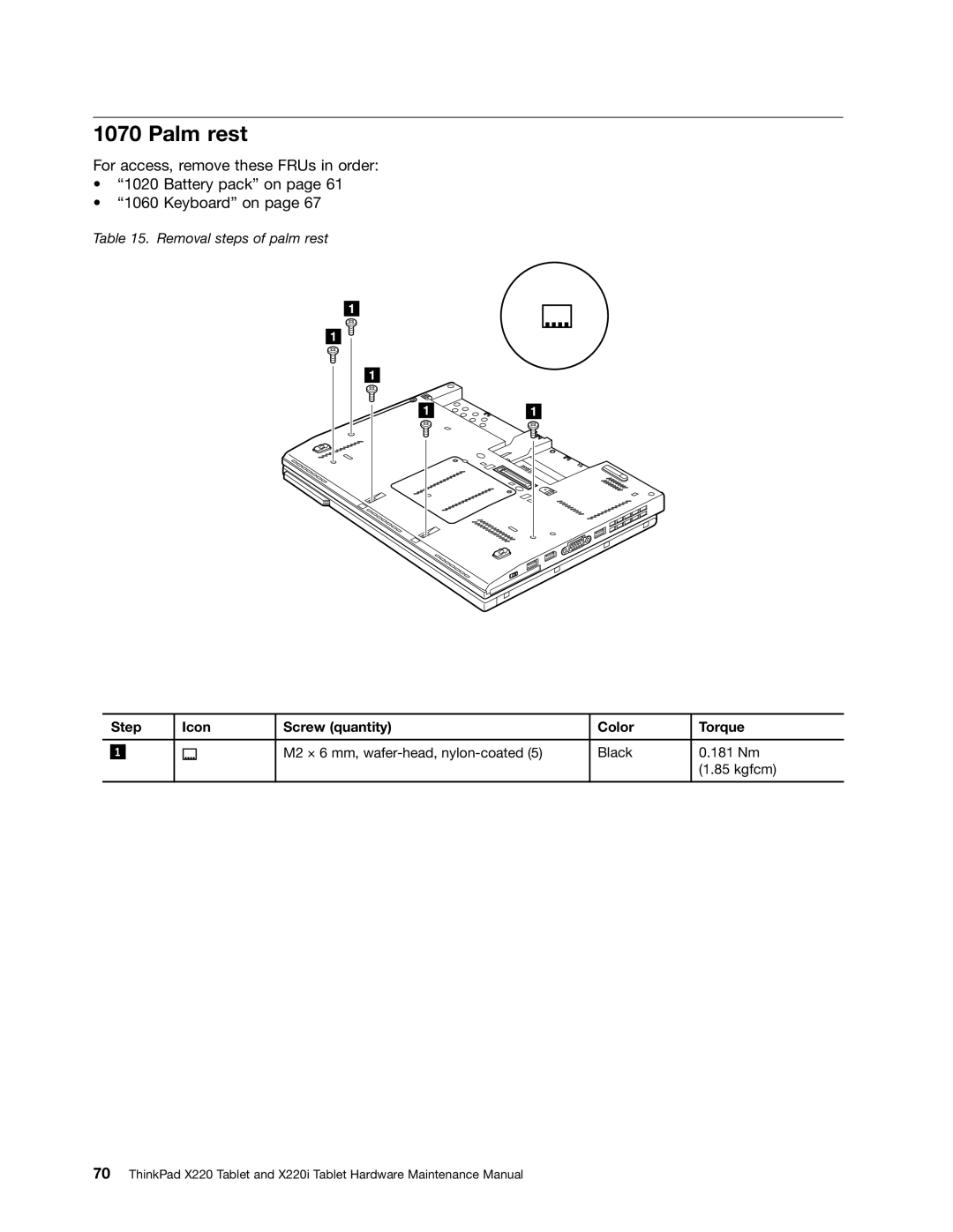 IBM X220I manual Palm rest, Step Icon Screw quantity Color Torque 