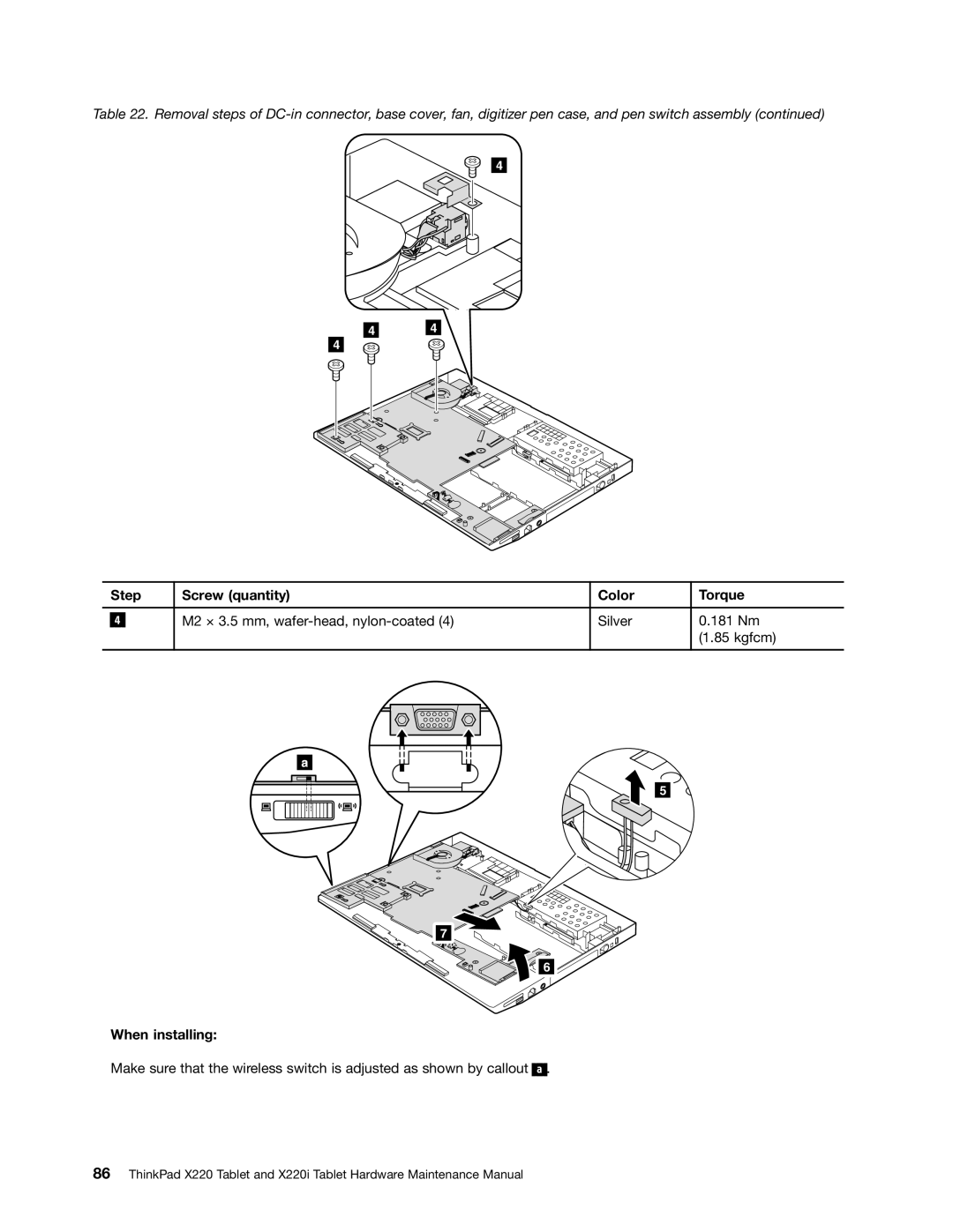 IBM X220I manual M2 × 3.5 mm, wafer-head, nylon-coated Silver 181 Nm Kgfcm 