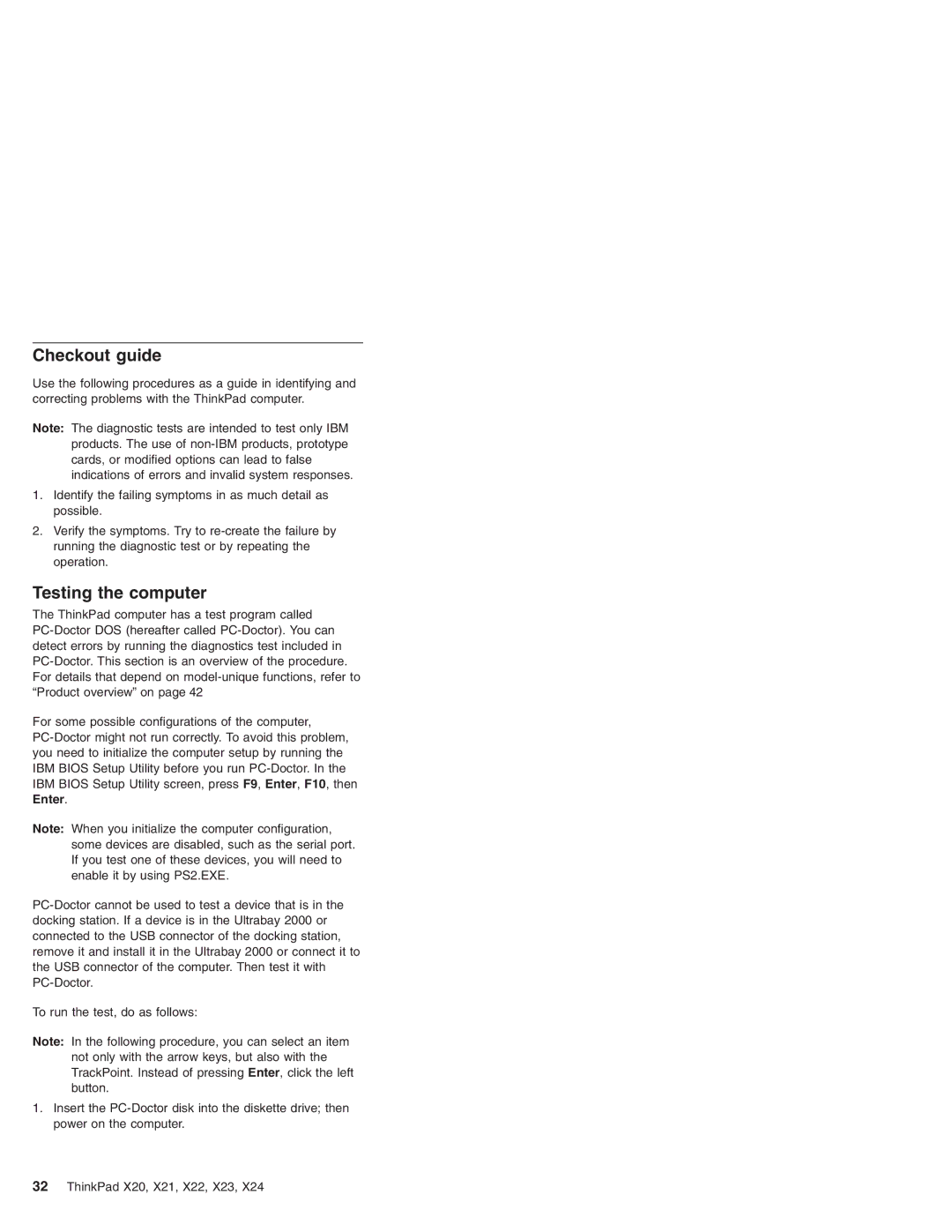 IBM X24, X23, X22, X20, X21 manual Checkout guide, Testing the computer 