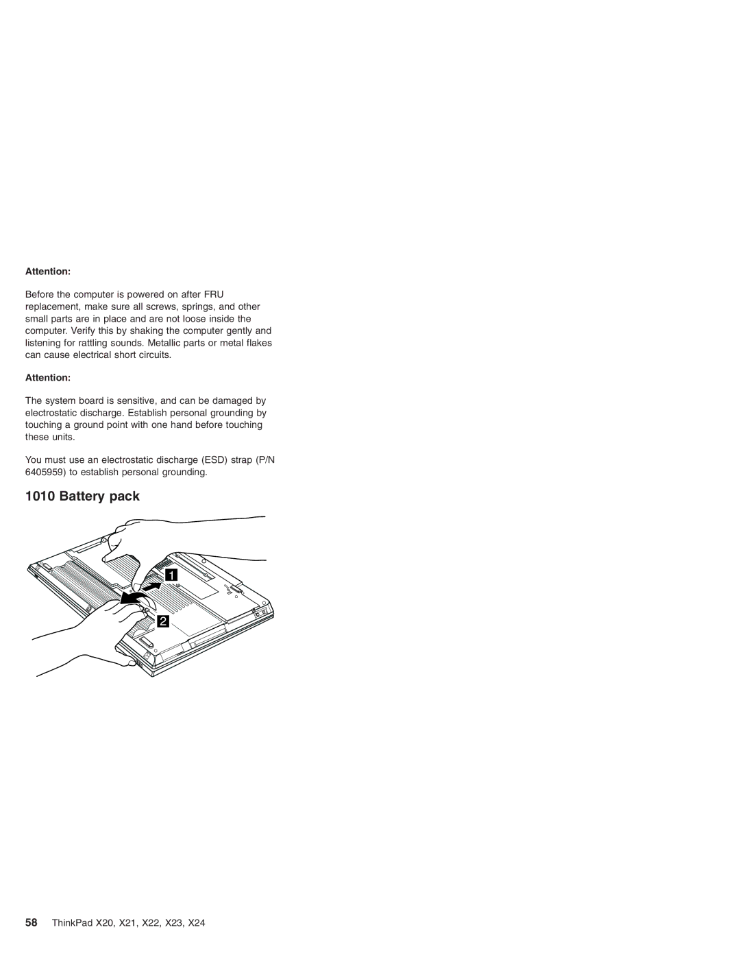 IBM X22, X23, X24, X20, X21 manual Battery pack 