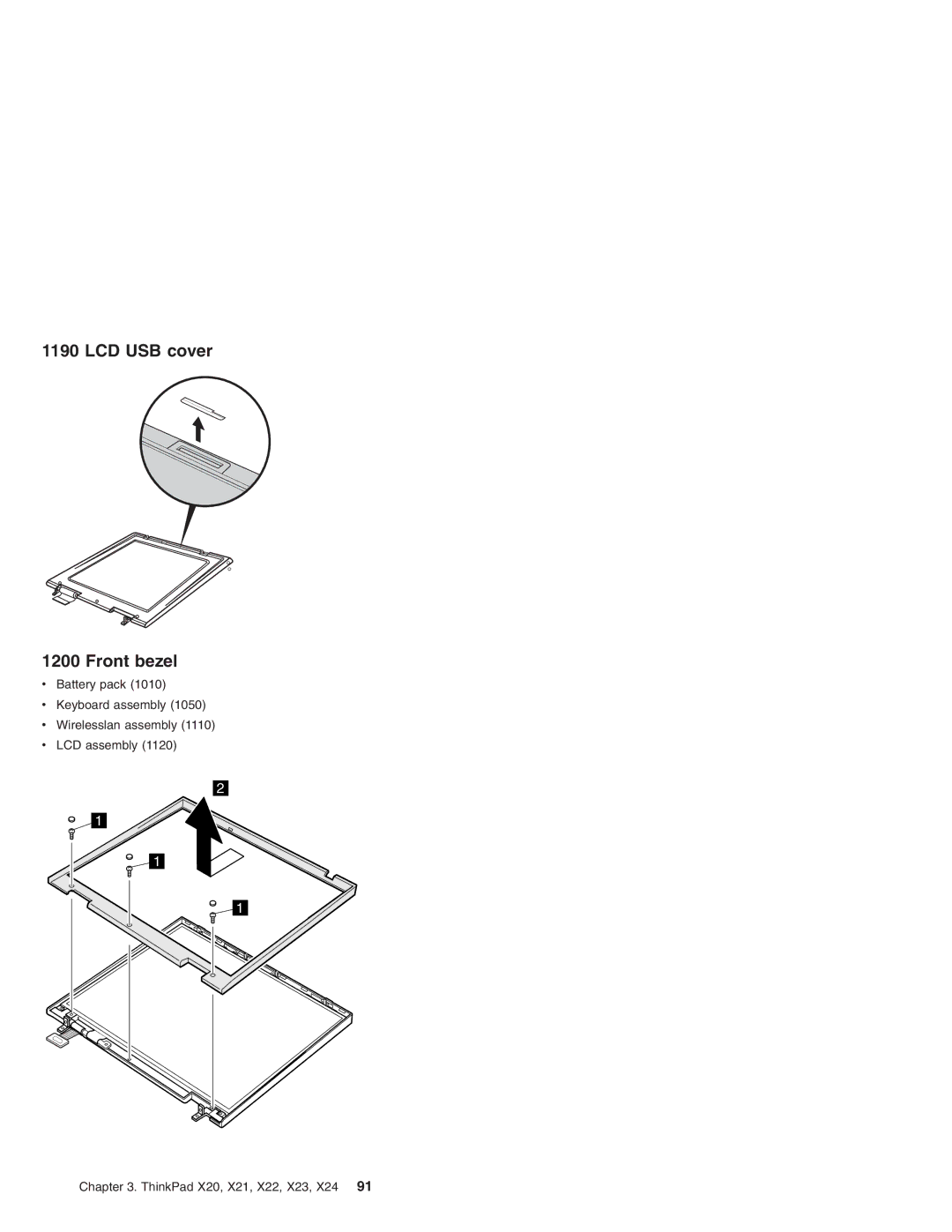 IBM X23, X24, X22, X20, X21 manual LCD USB cover Front bezel 