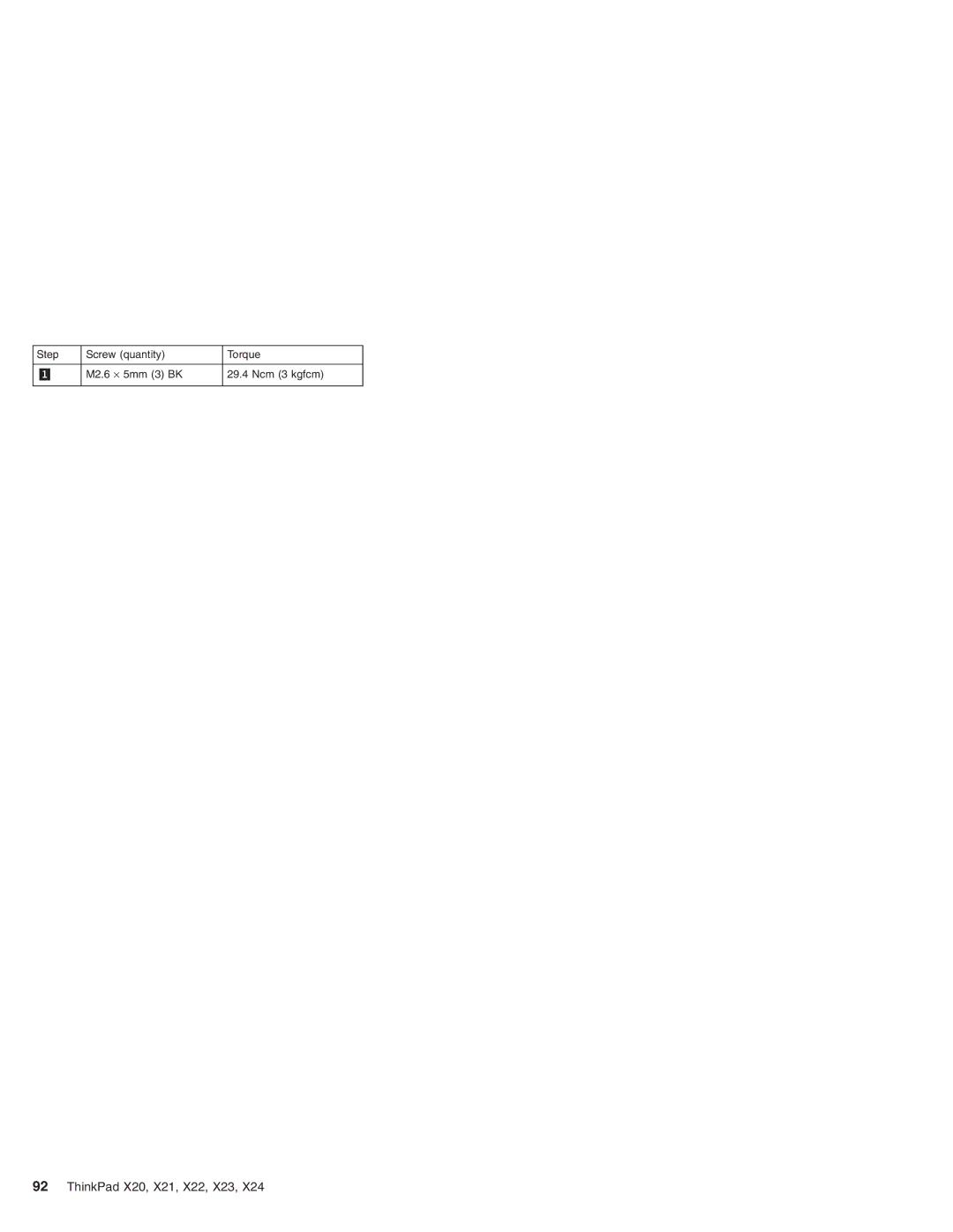 IBM X24, X23, X22, X20, X21 manual Step Screw quantity Torque M2.6 ⋅ 5mm 3 BK Ncm 3 kgfcm 