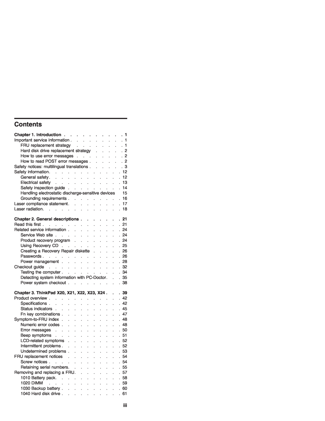 IBM X24 manual Contents, Introduction, General descriptions, ThinkPad X20, X21, X22, X23 