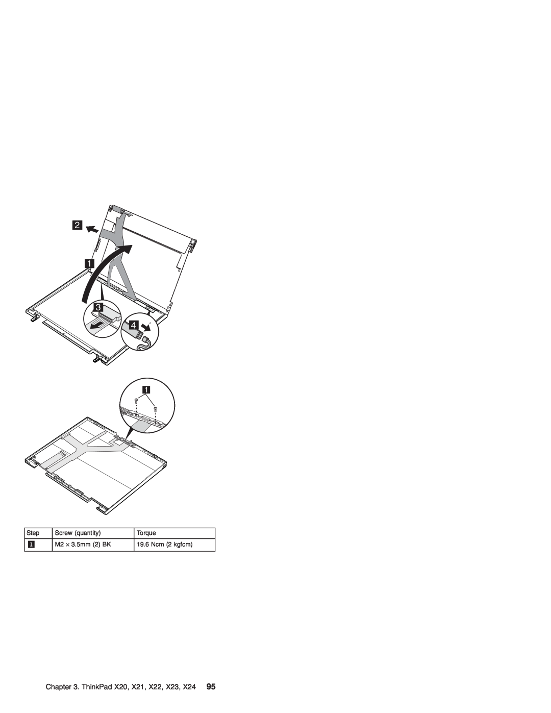 IBM manual ThinkPad X20, X21, X22, X23, X24, Step, Screw quantity, Torque, M2 ⋅ 3.5mm 2 BK, Ncm 2 kgfcm 