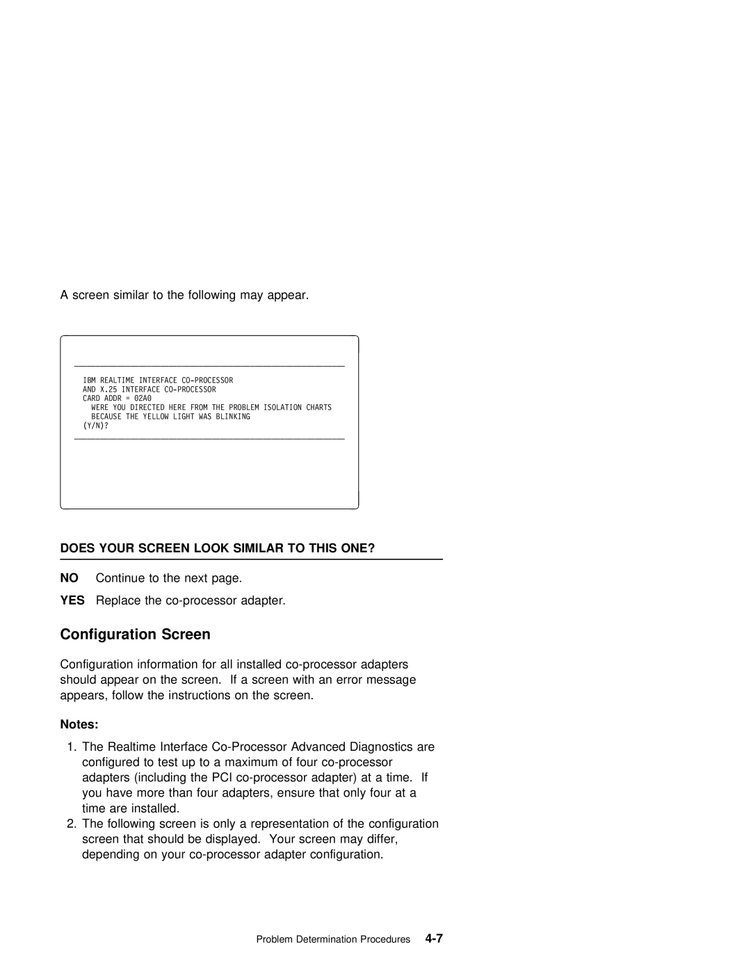 IBM X.25 manual Configuration Screen, Problem Determination Procedures4-7 