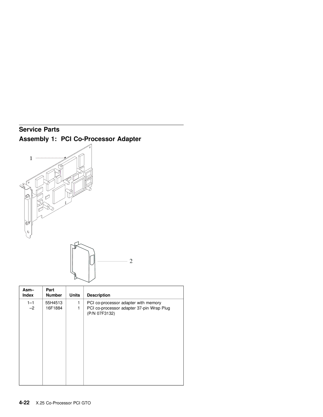 IBM X.25 manual Service Parts Assembly 1 PCI Co-Processor Adapter, Asm Part Index 