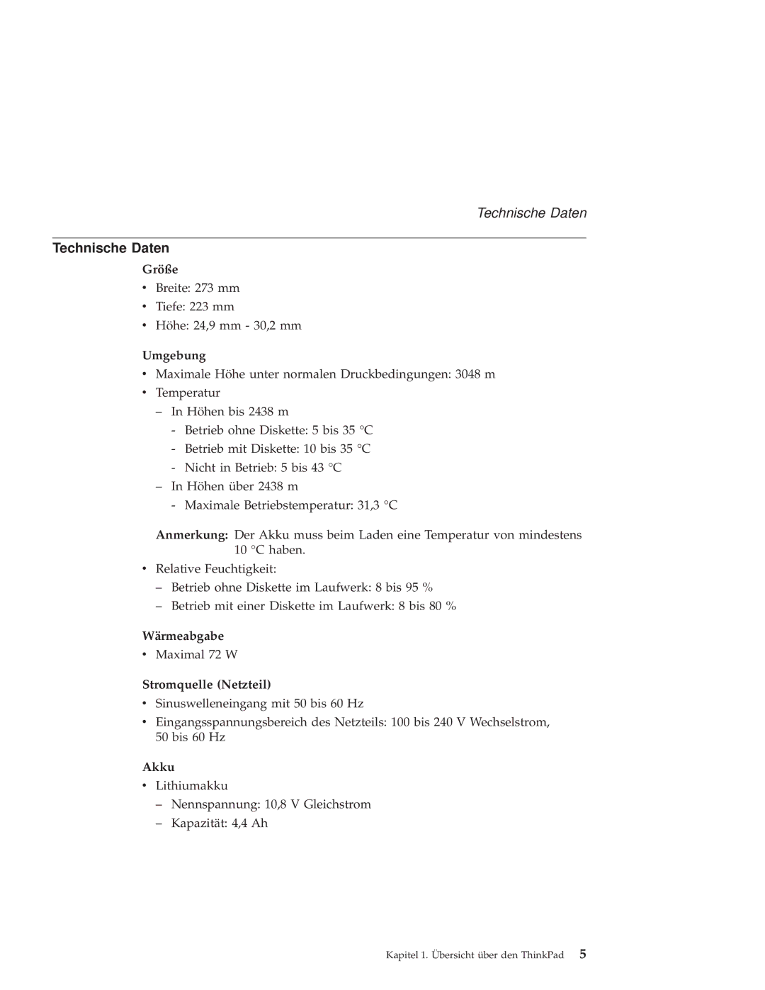 IBM X30 manual Technische Daten 