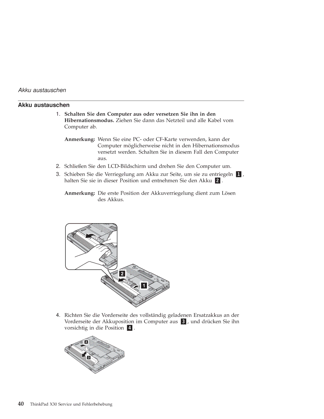 IBM X30 manual Akku austauschen 