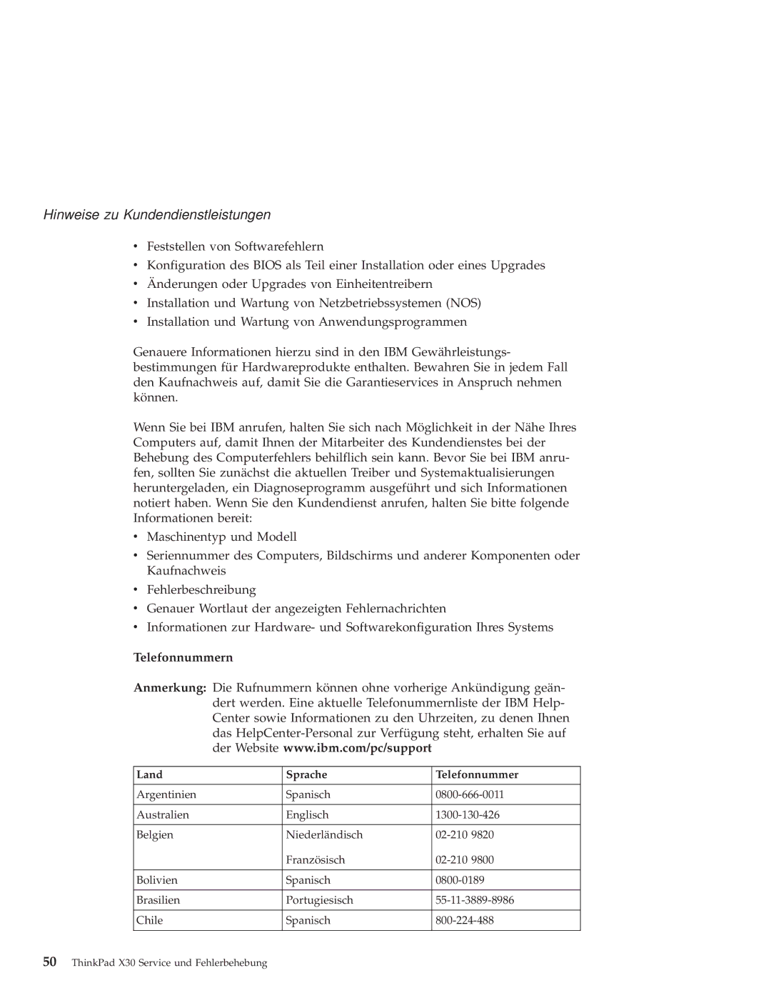 IBM X30 manual Telefonnummern, Land Sprache Telefonnummer 