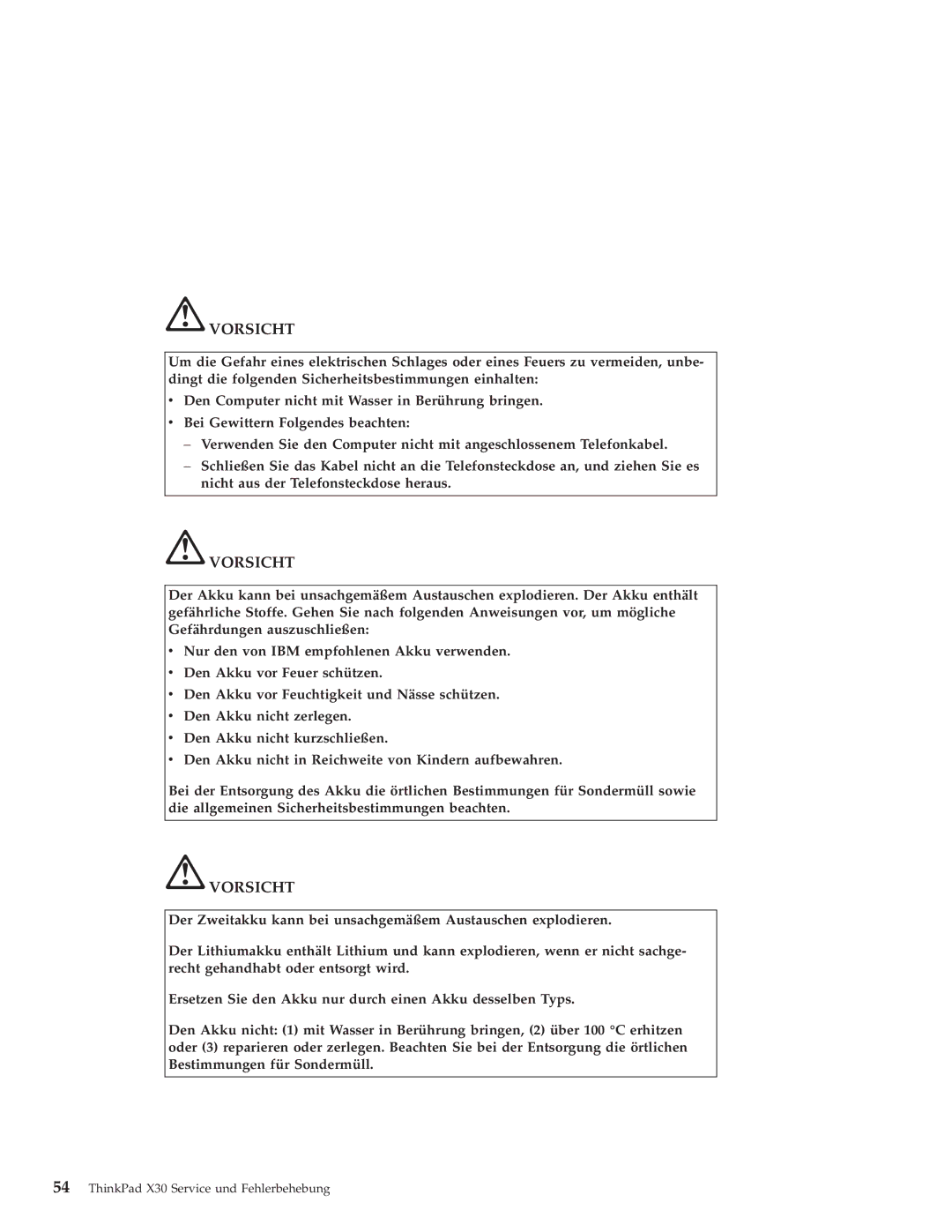 IBM X30 manual Vorsicht 