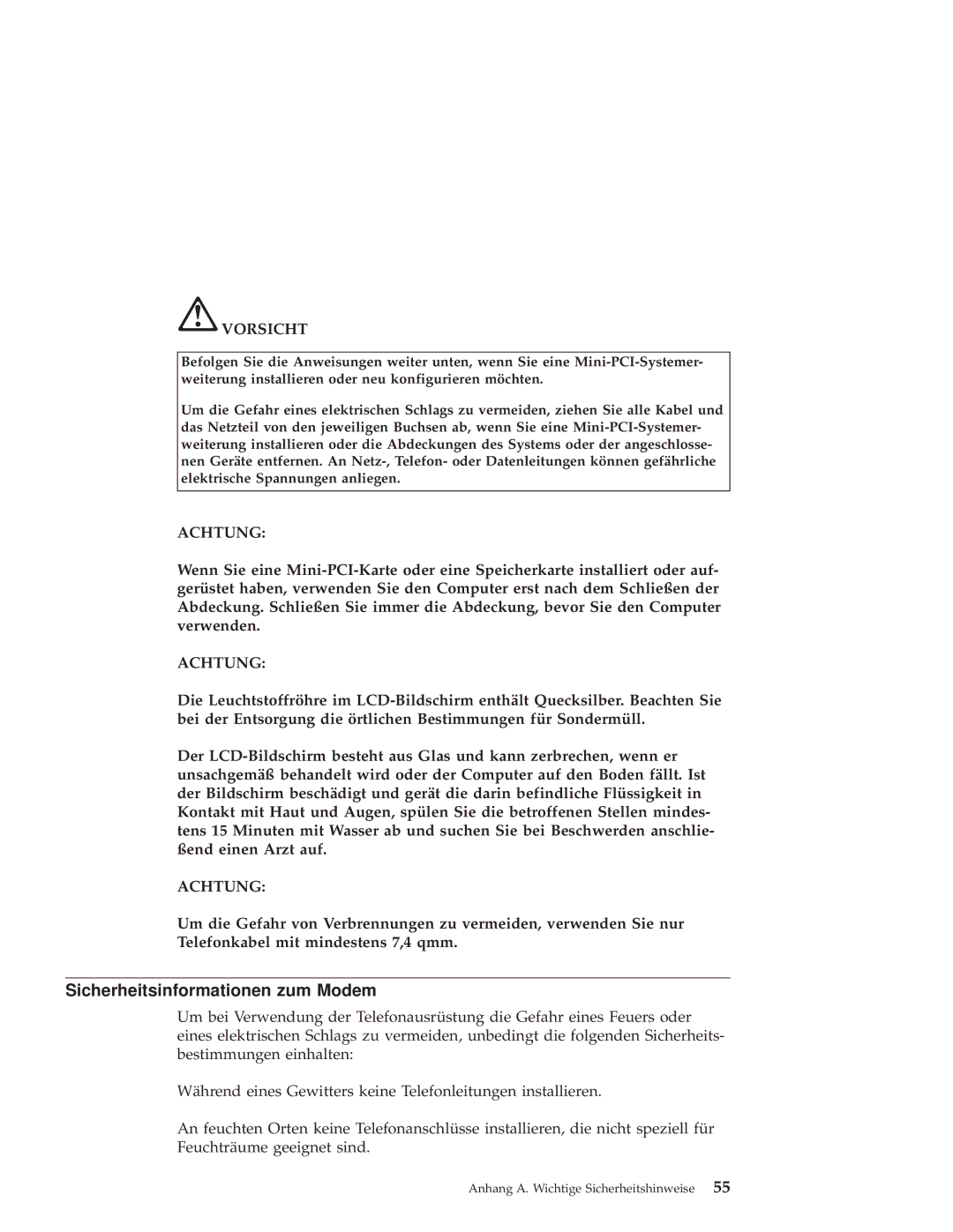 IBM X30 manual Sicherheitsinformationen zum Modem, Achtung 