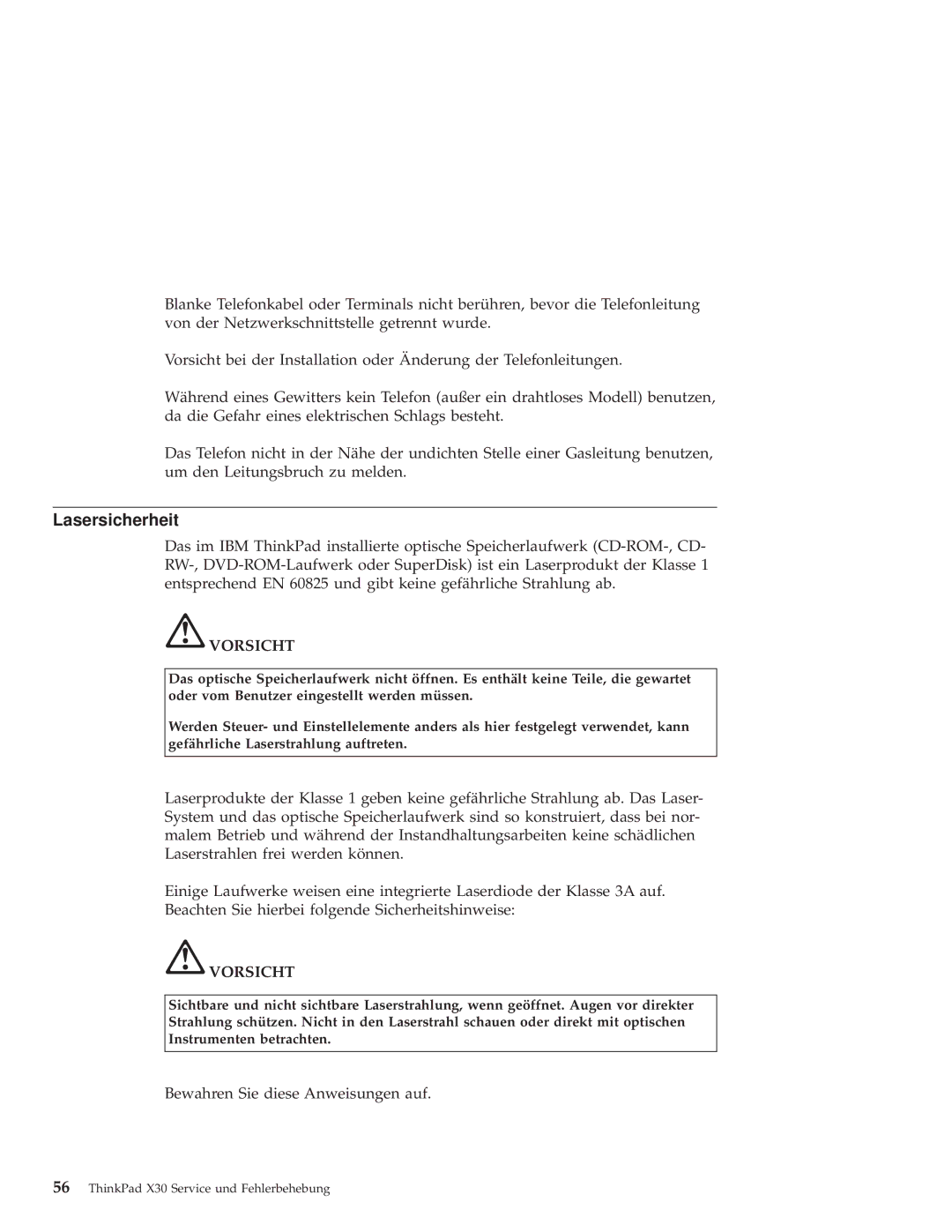 IBM X30 manual Lasersicherheit 