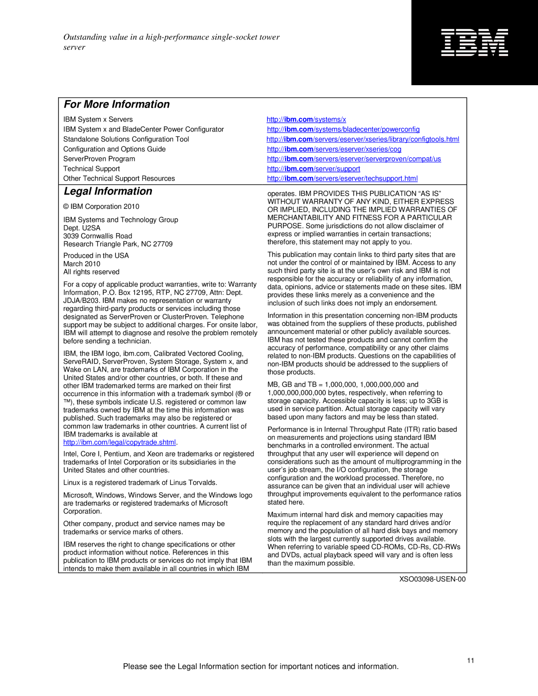 IBM X3100 M3 specifications For More Information, Legal Information 