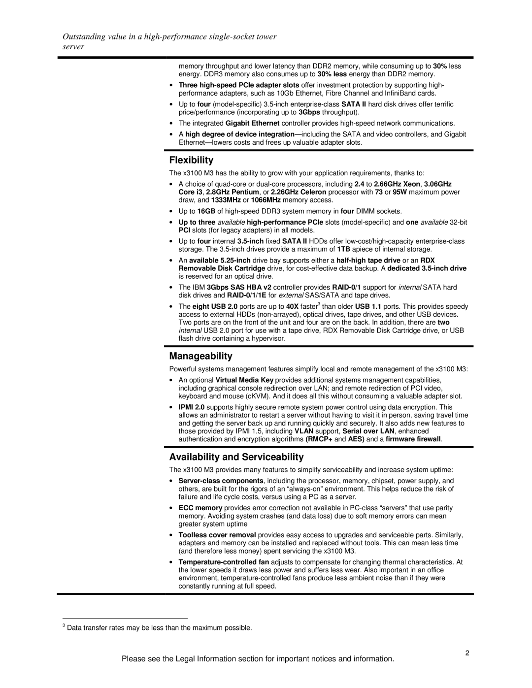 IBM X3100 M3 specifications Flexibility, Manageability, Availability and Serviceability 