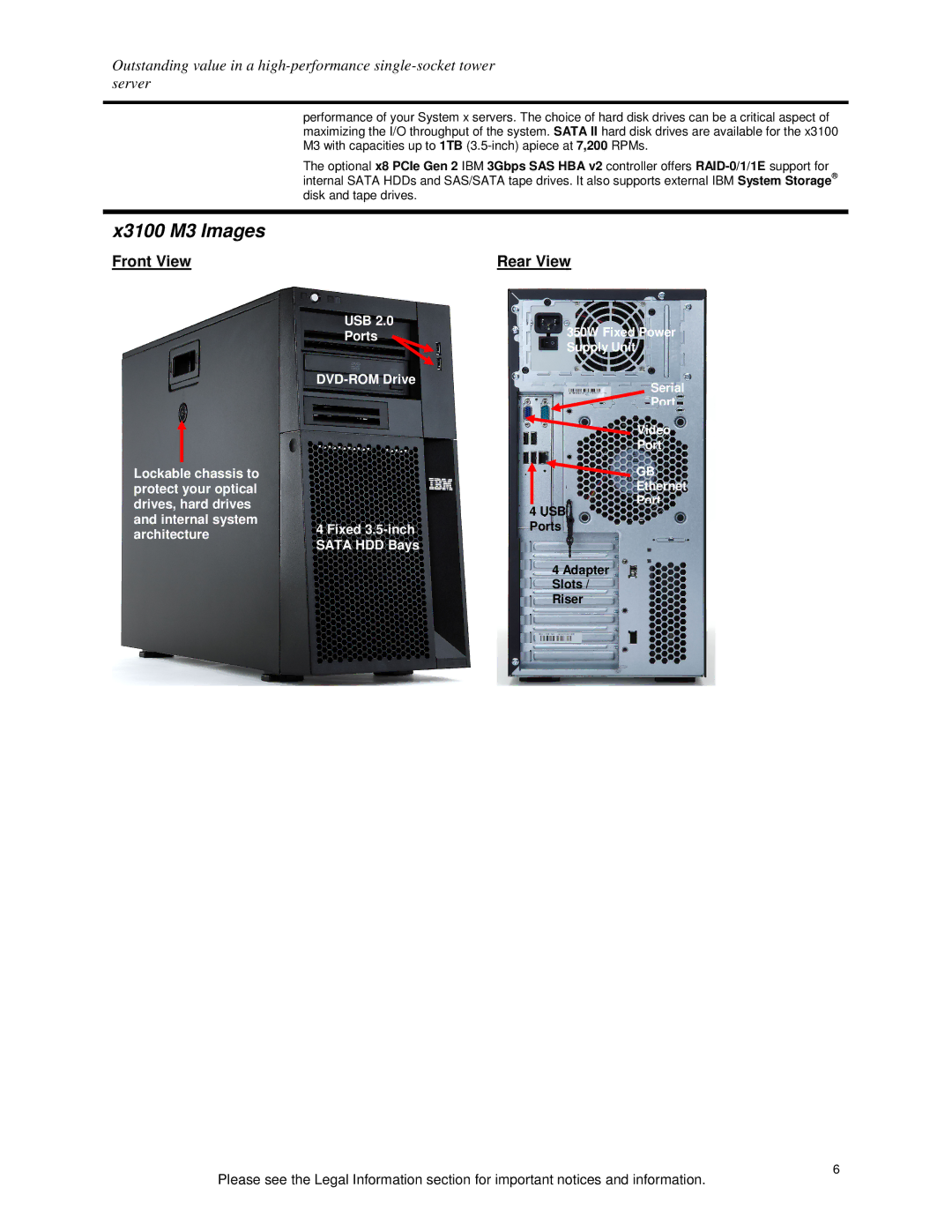 IBM specifications X3100 M3 Images, Front View Rear View 