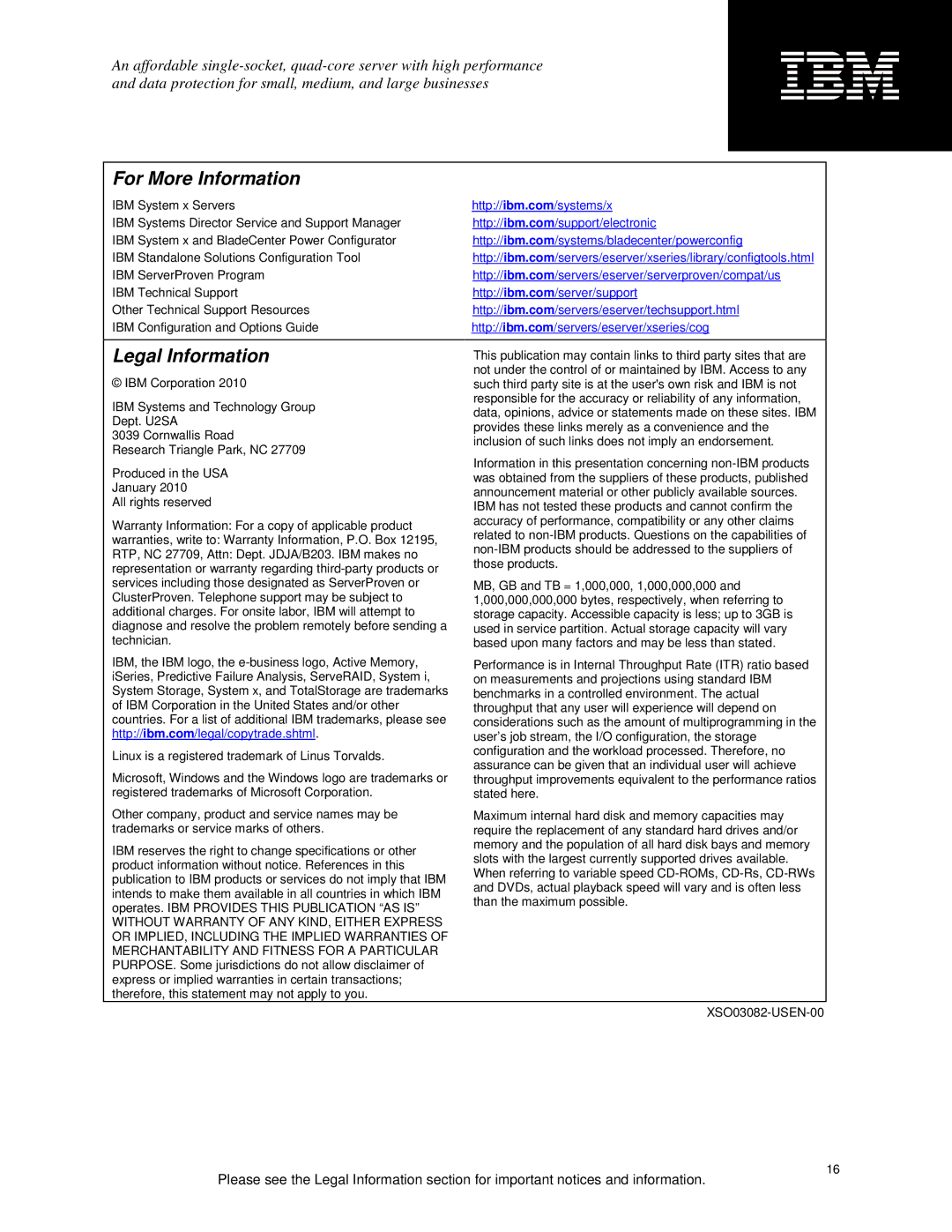 IBM X3200 M3 specifications For More Information, Legal Information 