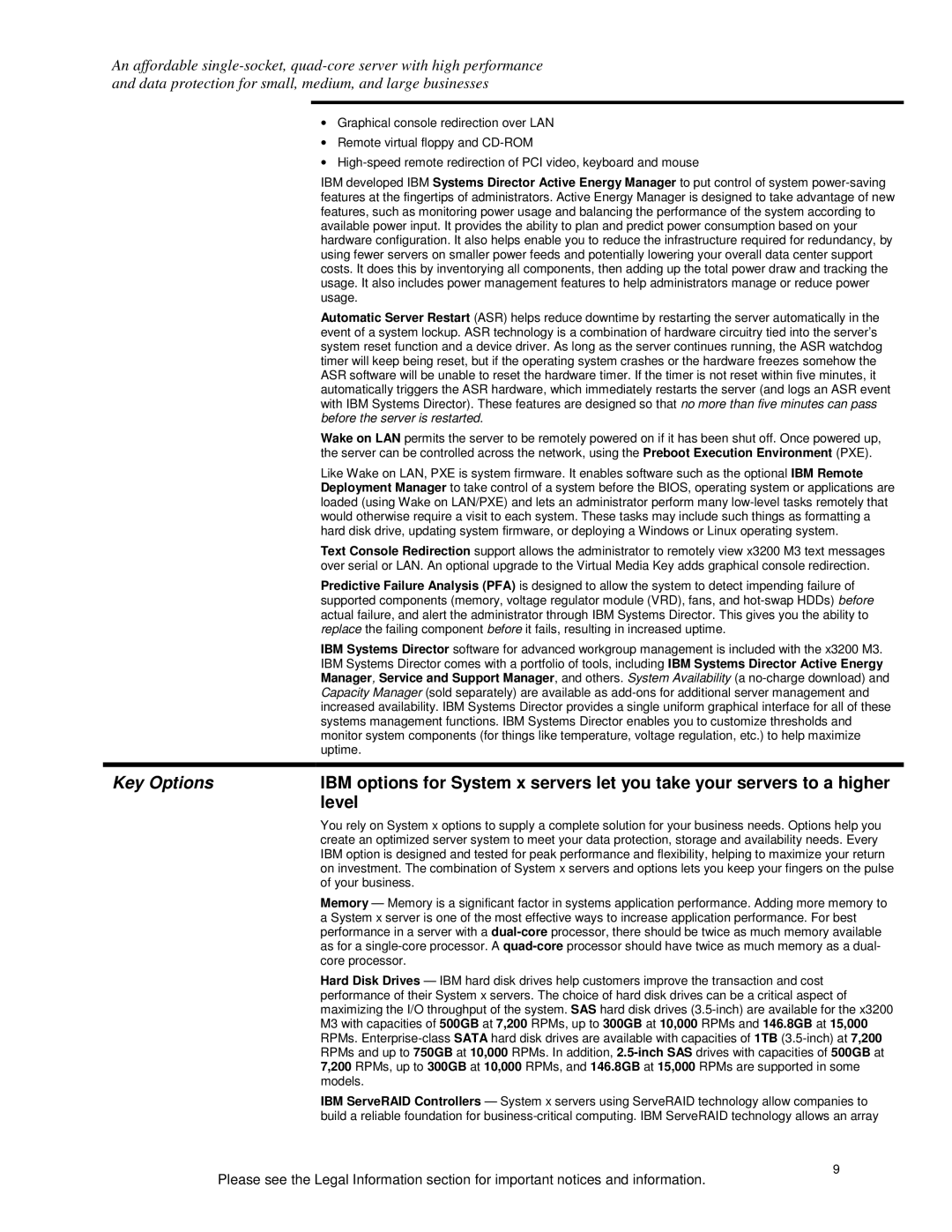 IBM X3200 M3 specifications Key Options, Level 