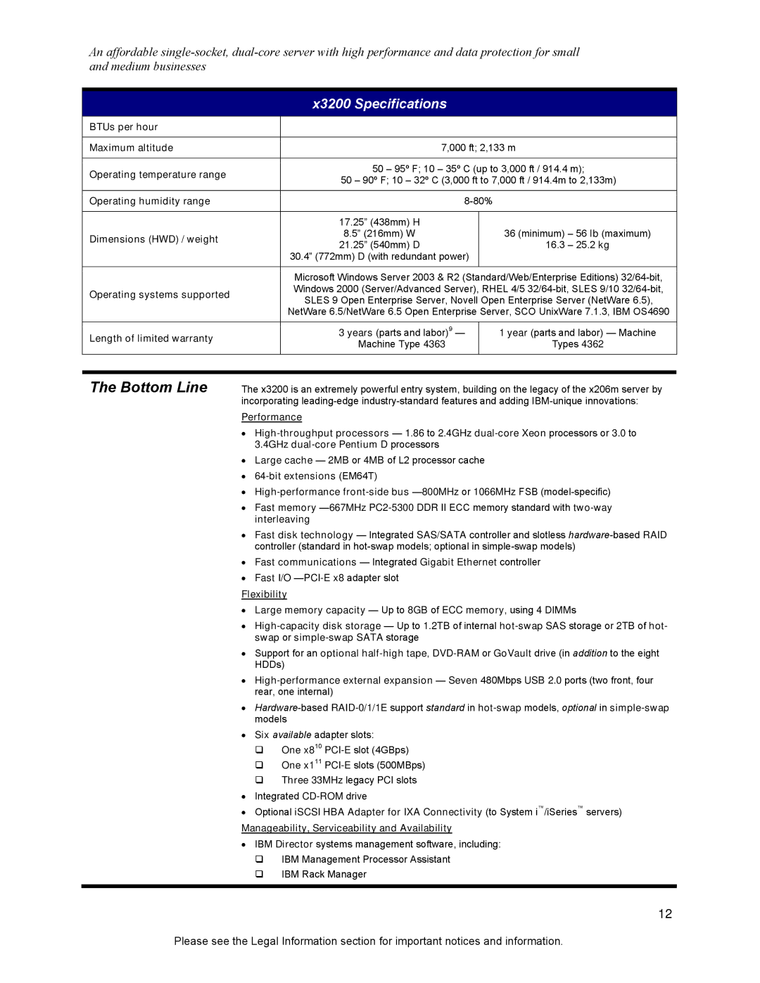 IBM X3200 specifications Bottom Line 